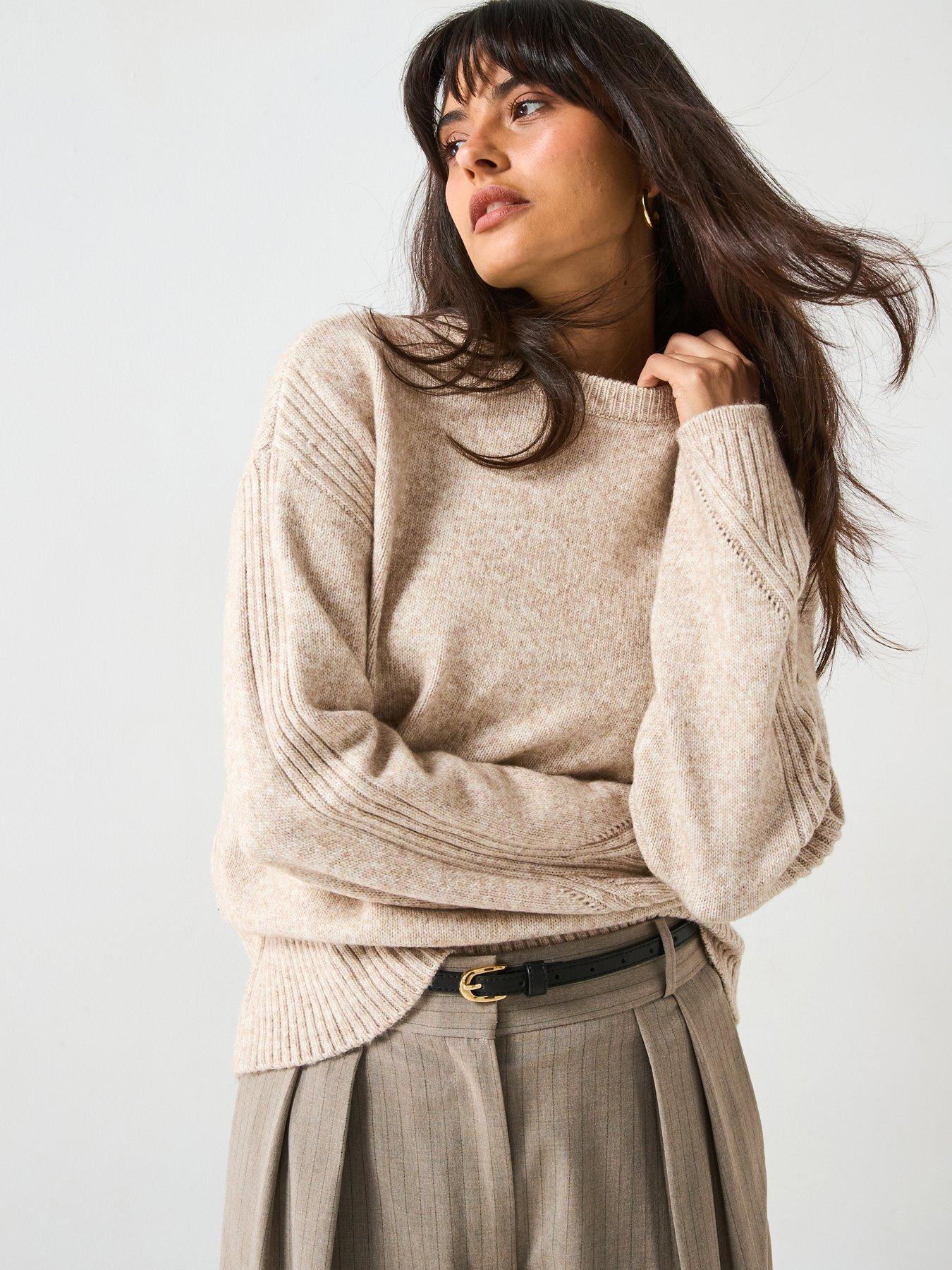 Image 6 of 6 of V by Very Timeless Yarn Crew Neck Rib Detail Knitted Jumper - Beige