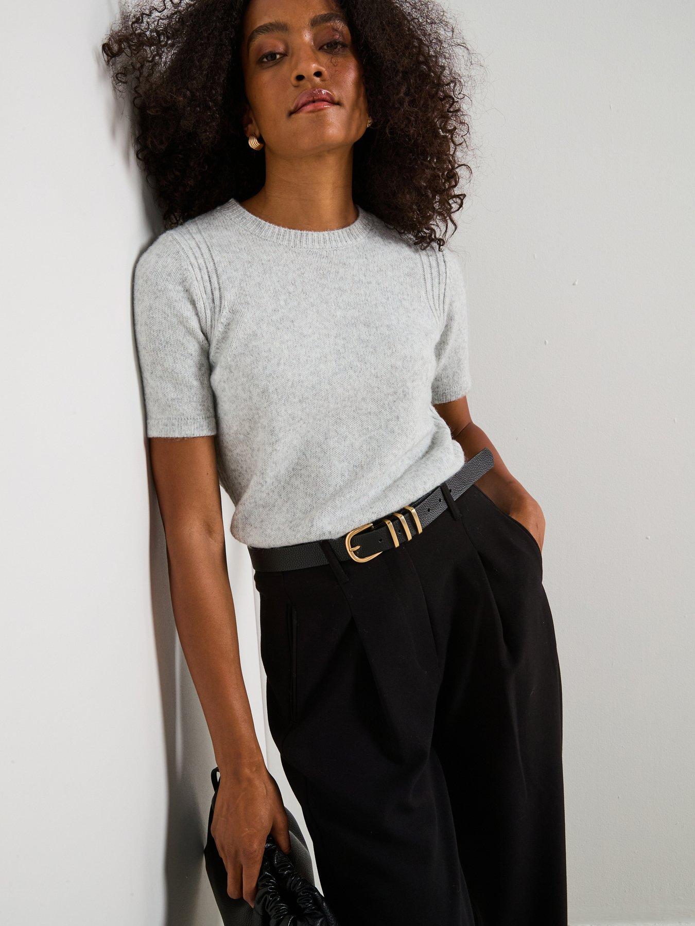 V by Very Timeless Yarn Crew Neck Short Sleeve Knitted Jumper - Grey