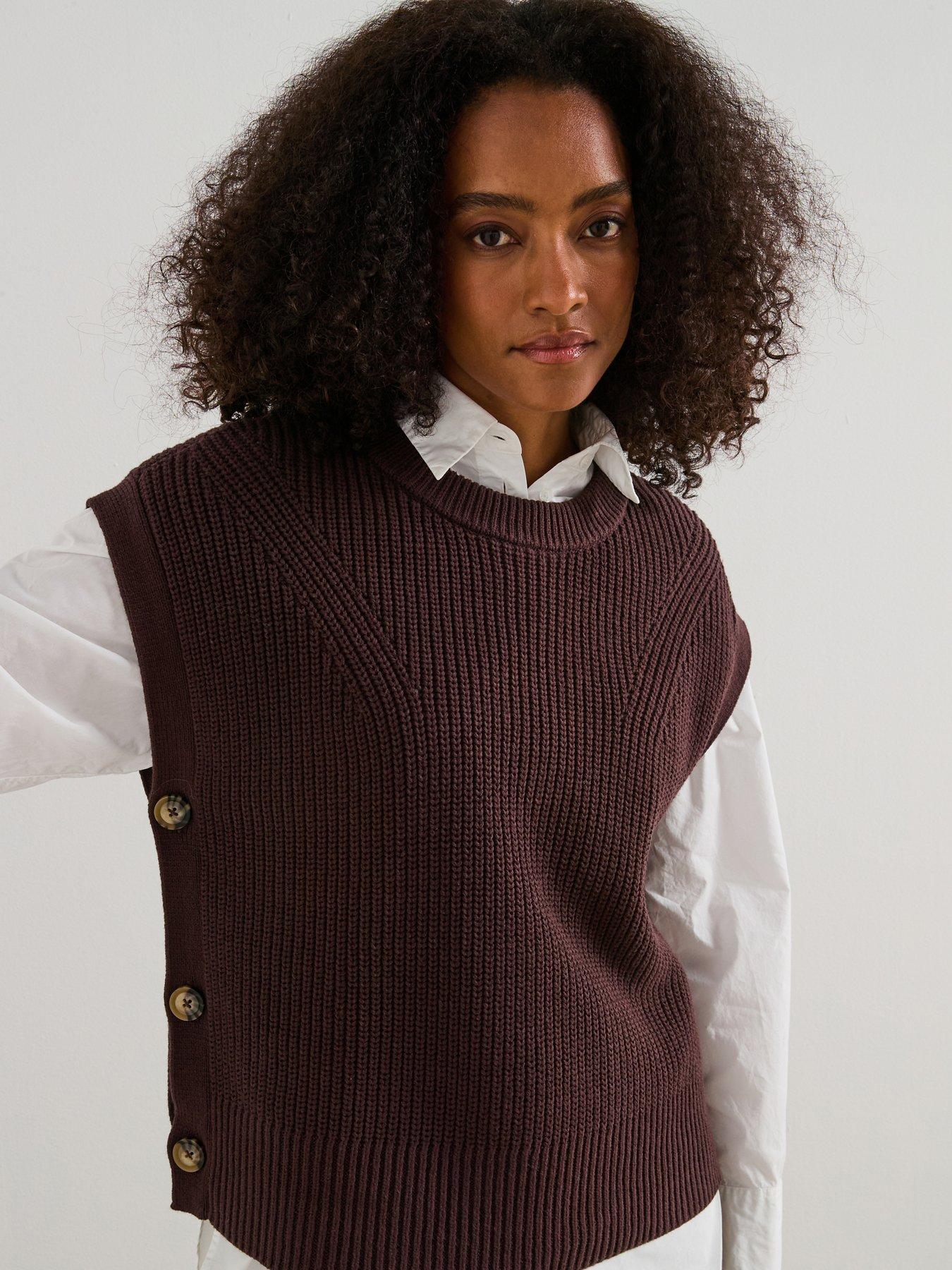V by Very Cotton Rich Crew Neck Button Side Tank - Chocolate