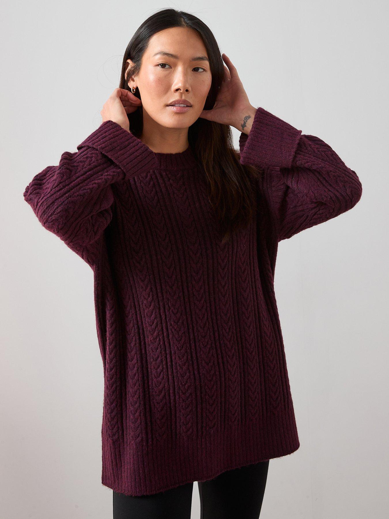 The Very Collection Timeless Yarn Crew Neck Turn Up Cuff Cable Jumper - Burgundy