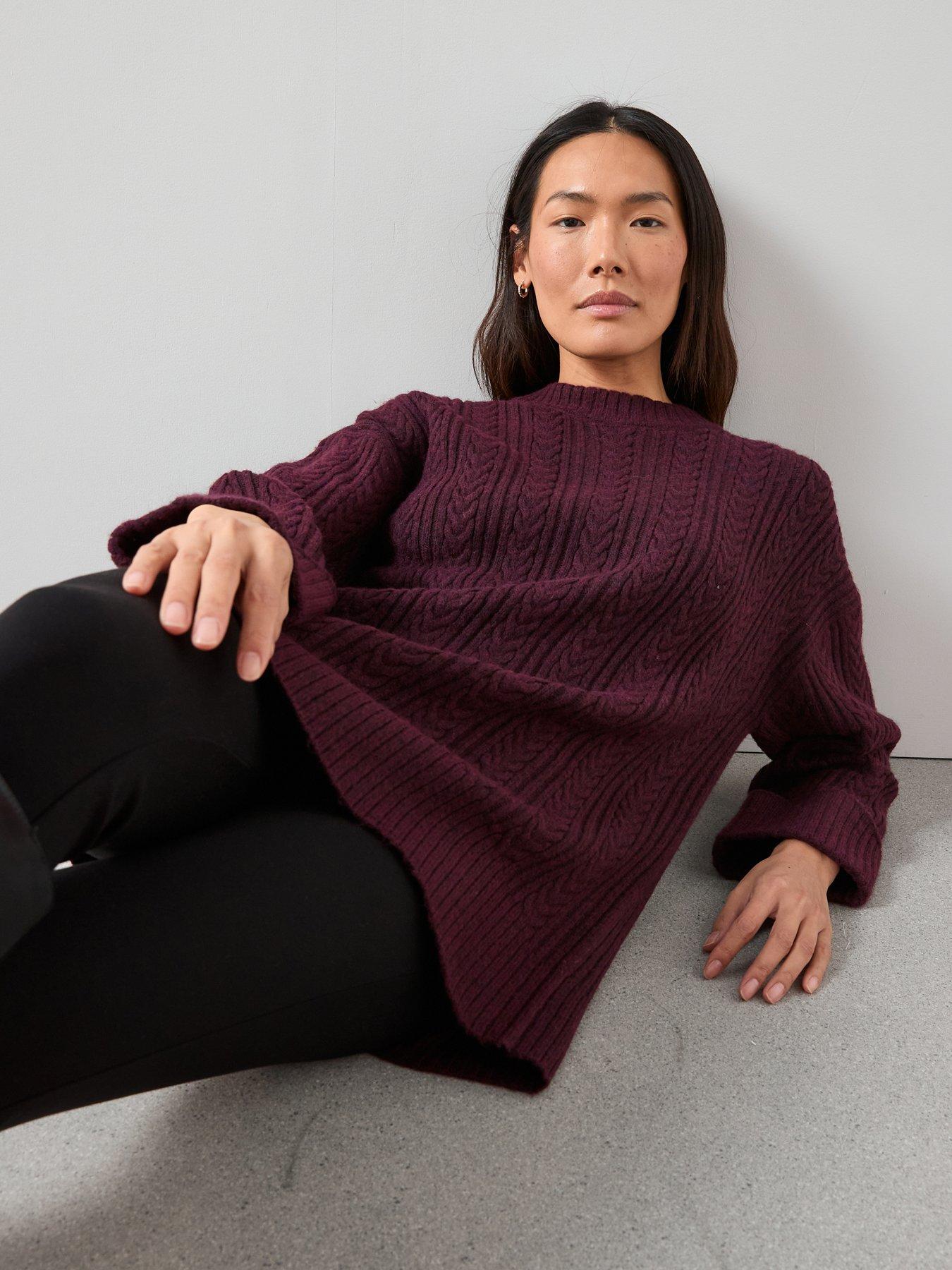 The Very Collection Timeless Yarn Crew Neck Turn Up Cuff Cable Jumper - Burgundy