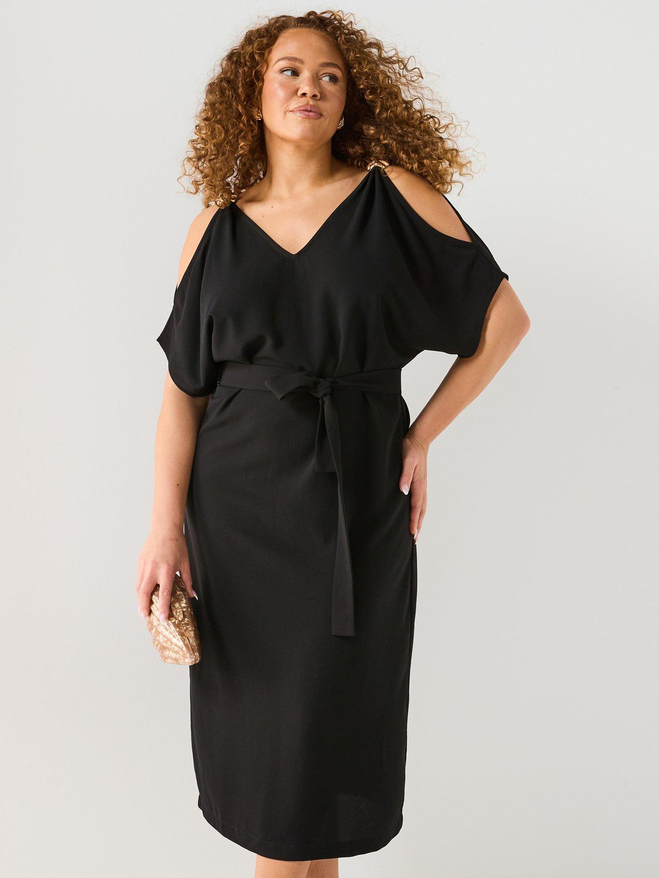 V by Very Curve Gold Trim Cold Shoulder Midi Dress - Black