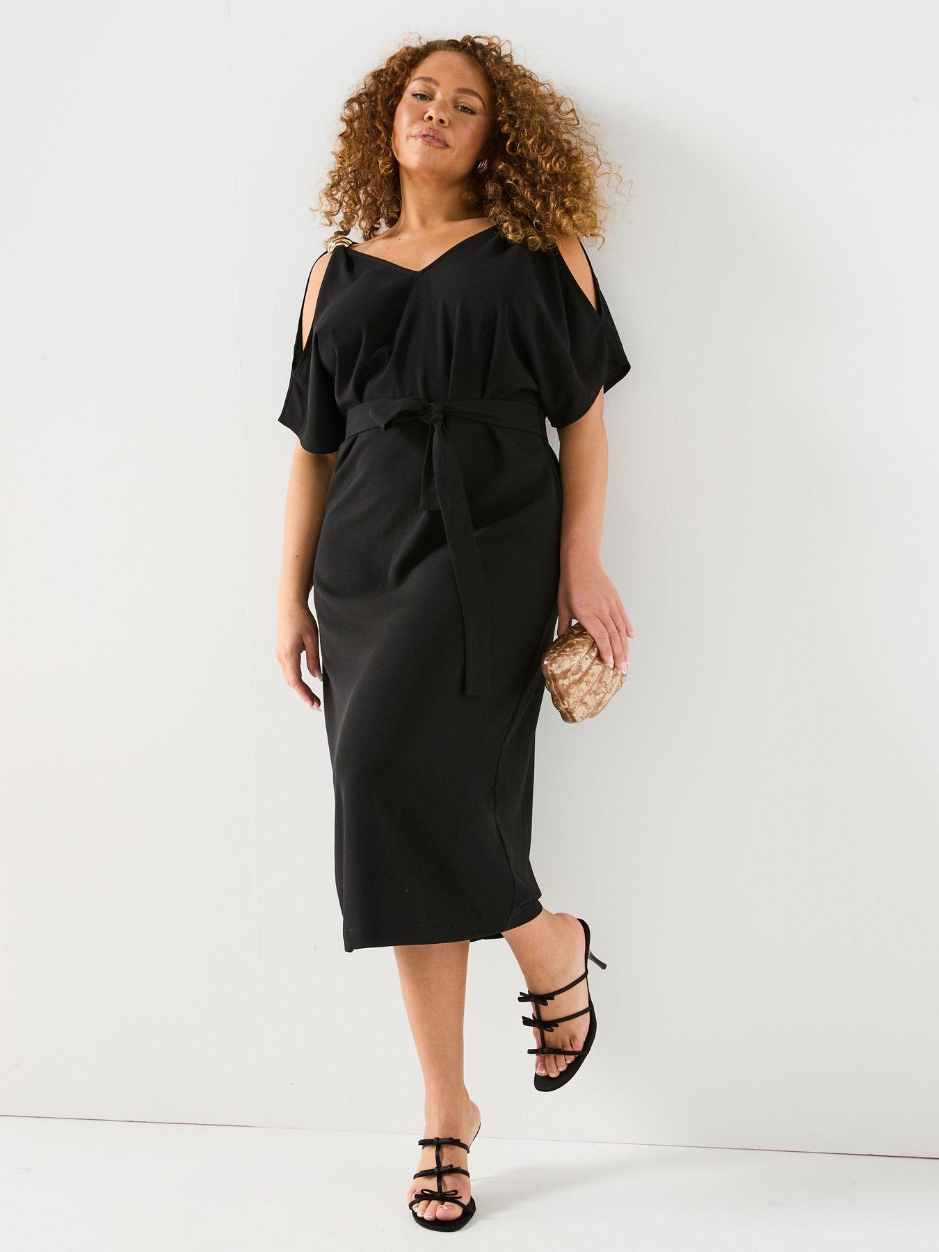 V by Very Curve Gold Trim Cold Shoulder Midi Dress - Black | Very