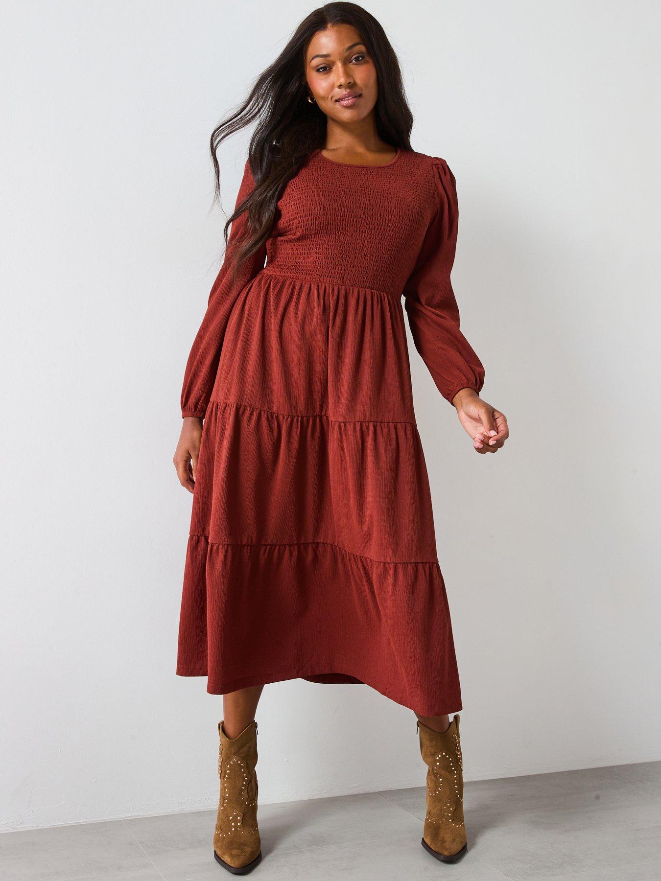 undefined Shirred Bust Tiered Maxi Dress - Brown