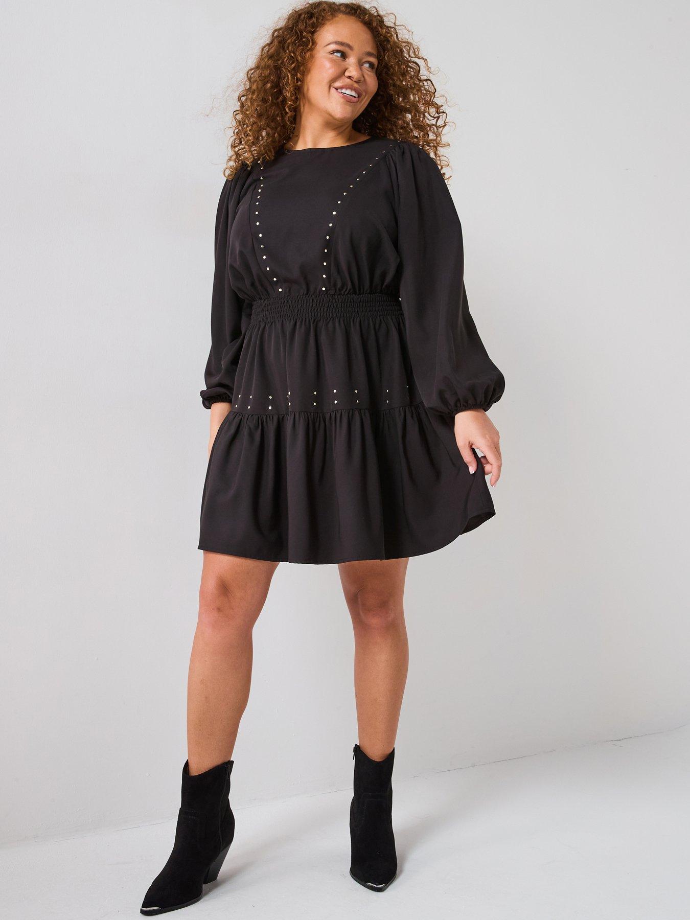 V by Very Curve Stud Detail Mini Dress - Black