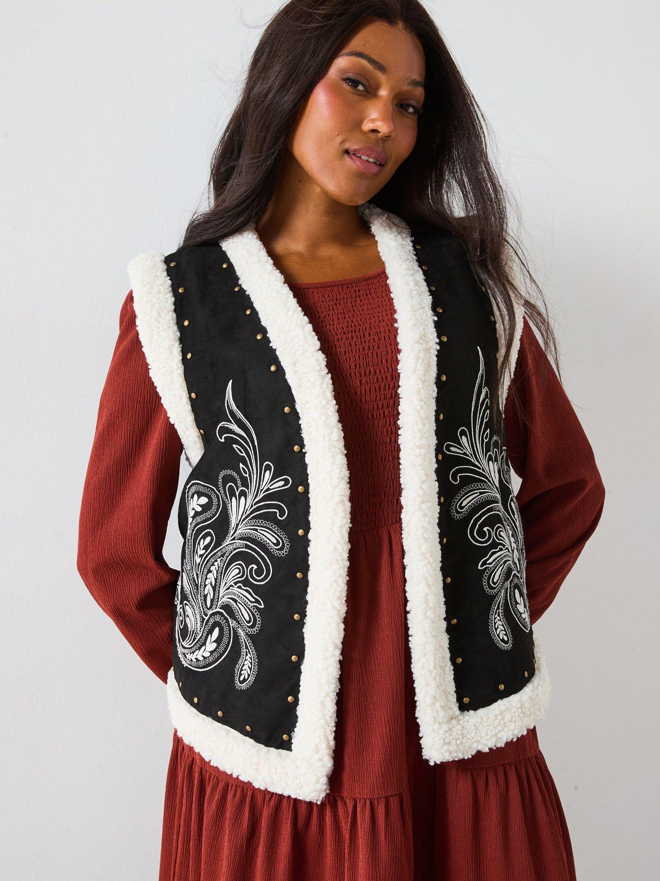 V by Very Curve Embroidered Faux Fur Gilet - Black
