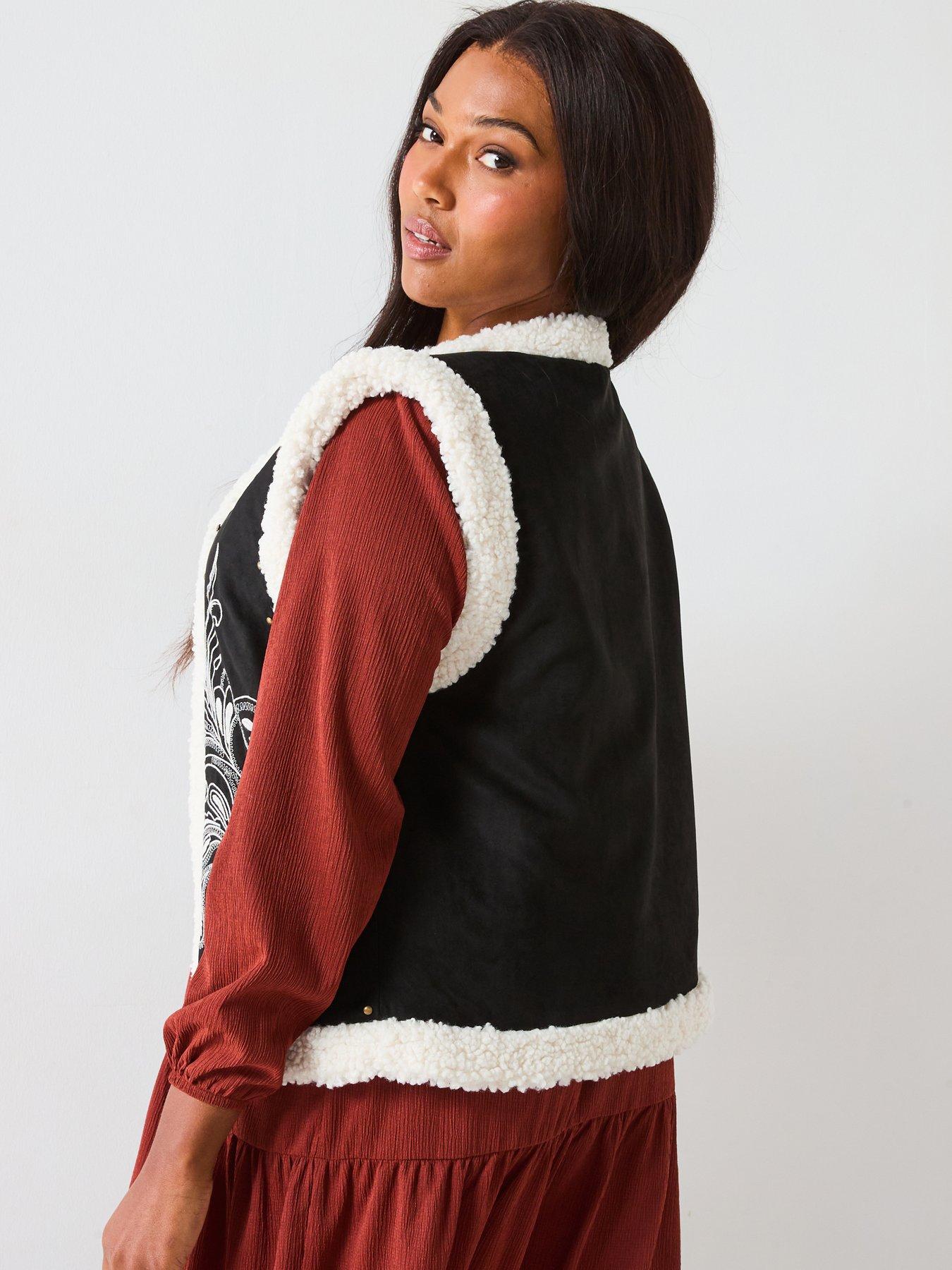 Image 2 of 6 of V by Very Curve Embroidered Faux Fur Gilet - Black