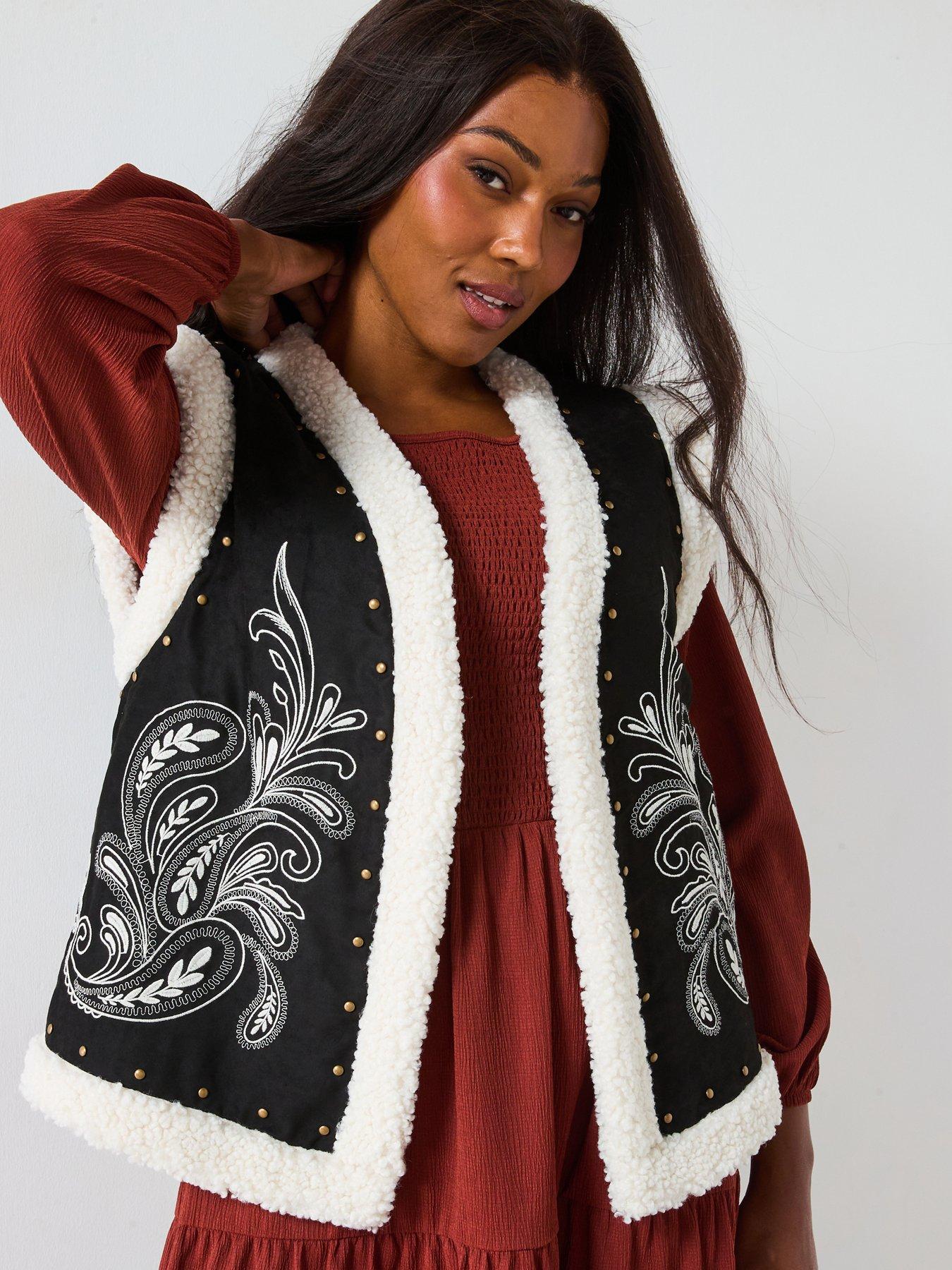 Image 5 of 6 of V by Very Curve Embroidered Faux Fur Gilet - Black