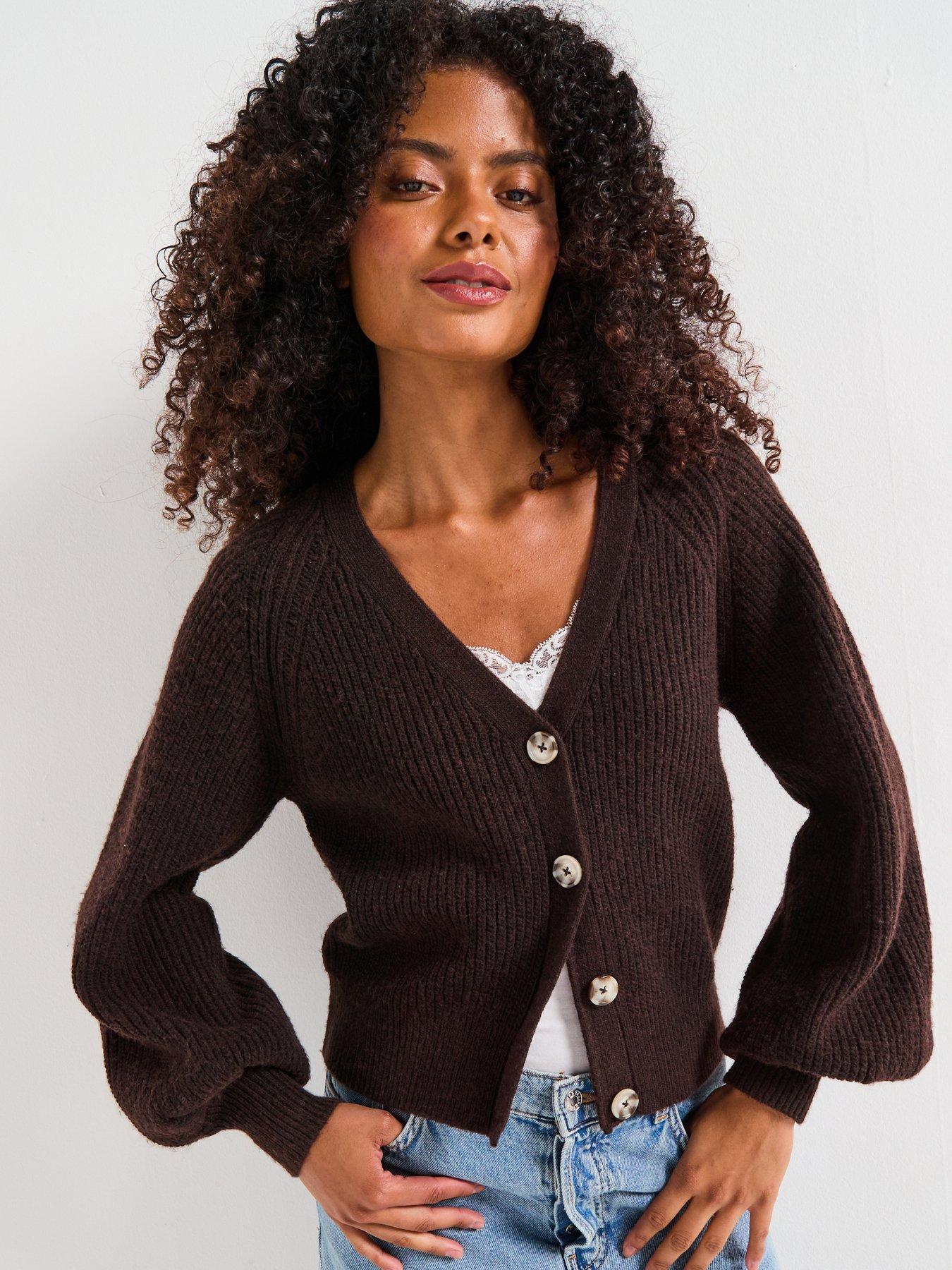 undefined V Neck Knitted Cardigan - Brown