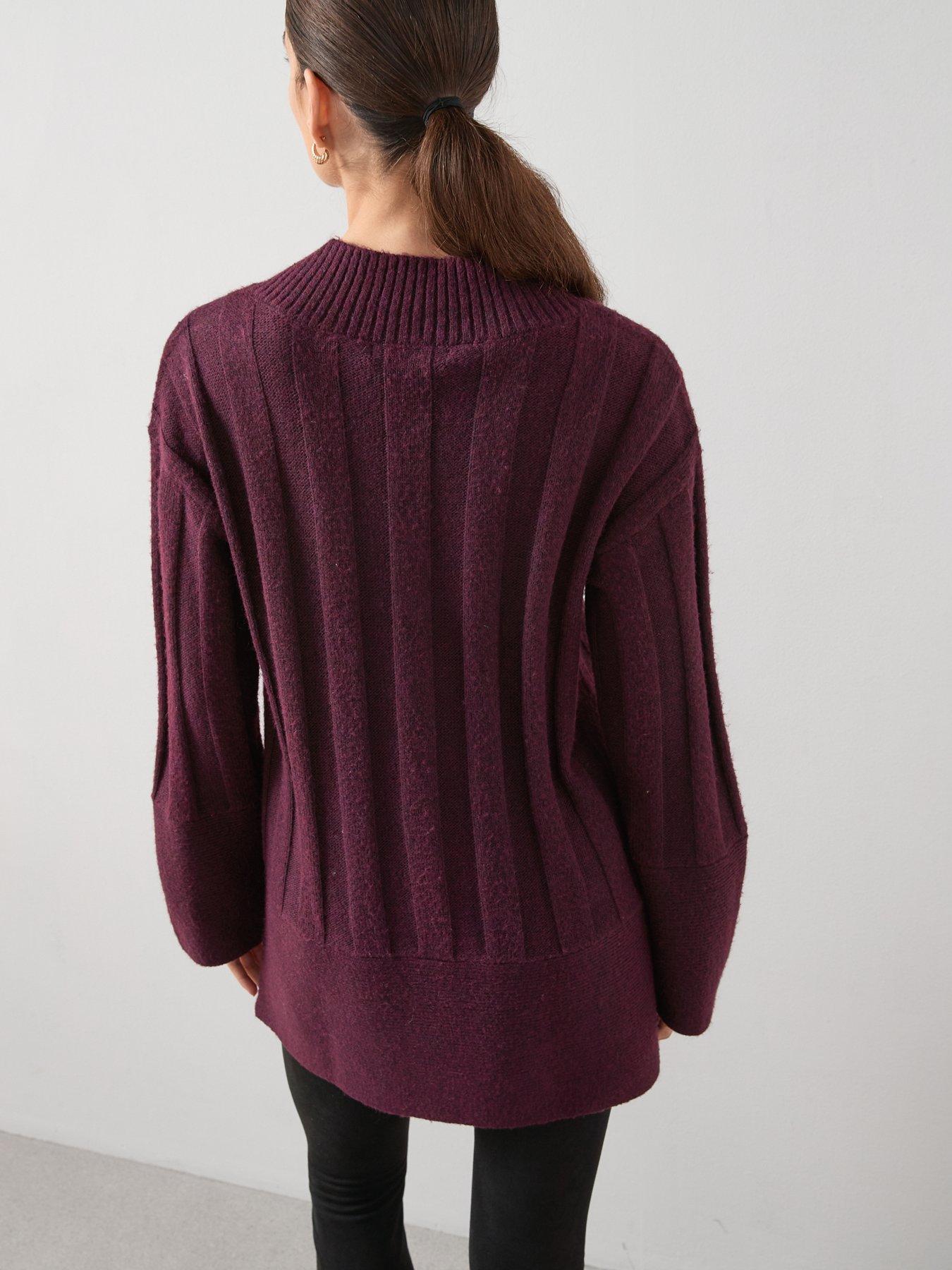 Image 2 of 7 of The Very Collection Timeless Yarn Deep Rib Longline V Neck Jumper - Burgundy