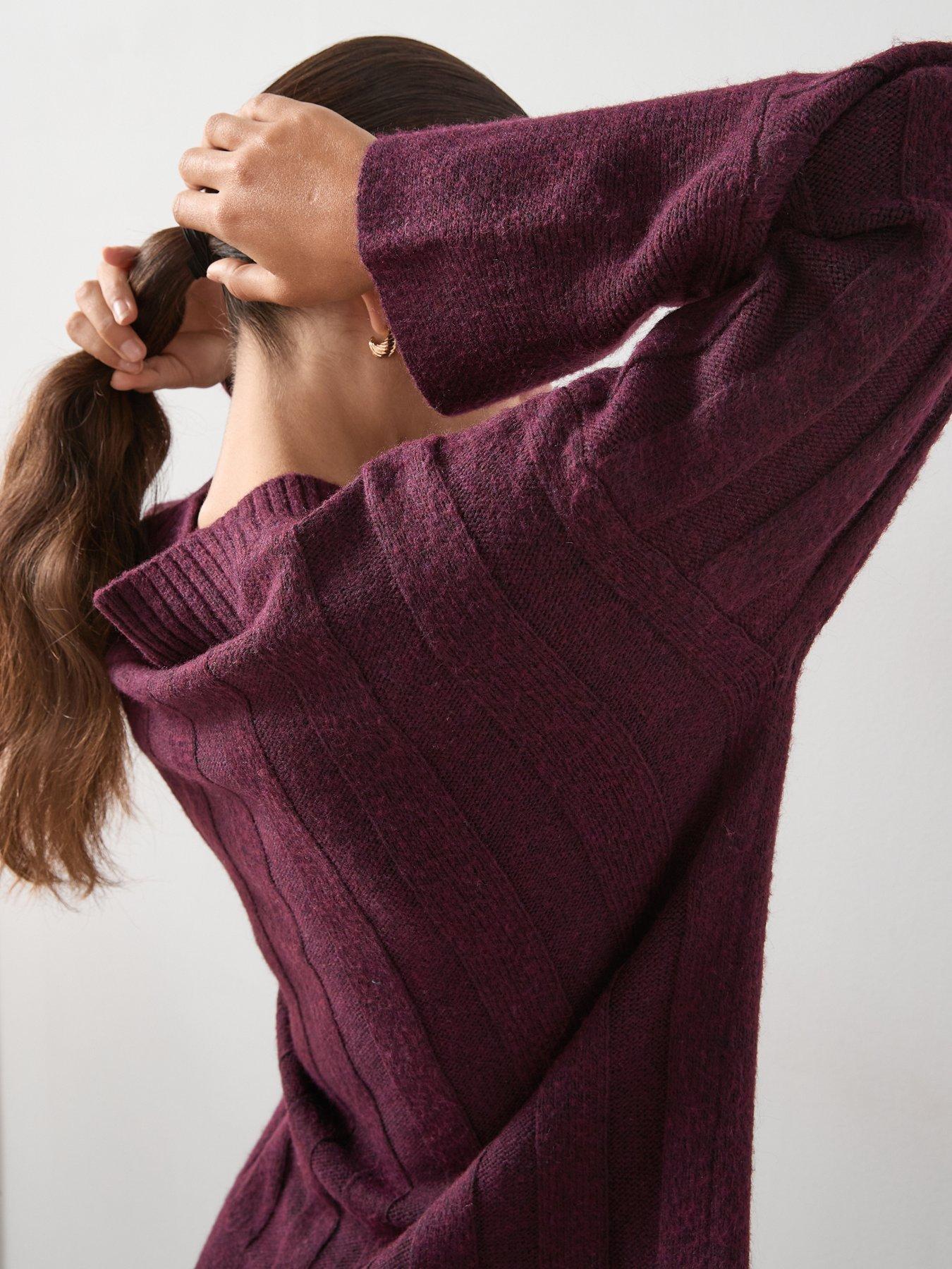 Image 4 of 7 of The Very Collection Timeless Yarn Deep Rib Longline V Neck Jumper - Burgundy