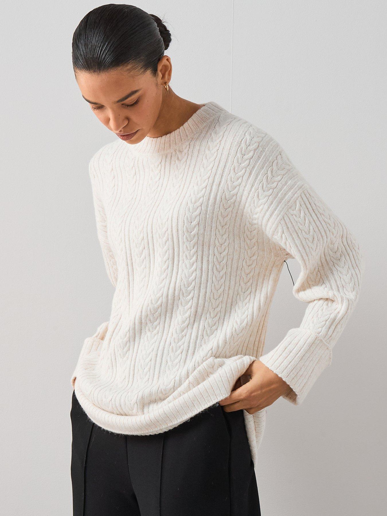 The Very Collection Timeless Yarn Crew Neck Turn Up Cuff Cable Jumper - Cream