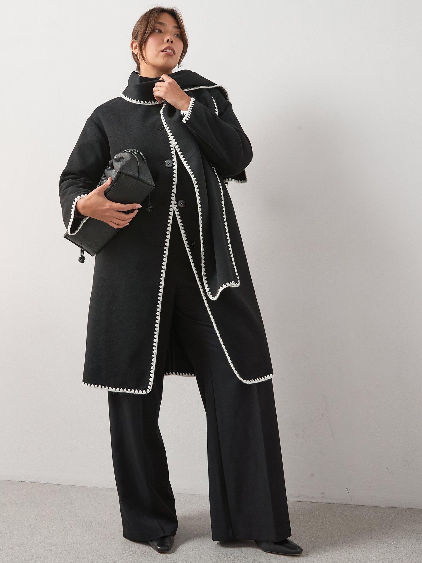 V by Very Curve Stitch Detail Scarf Coat - Black