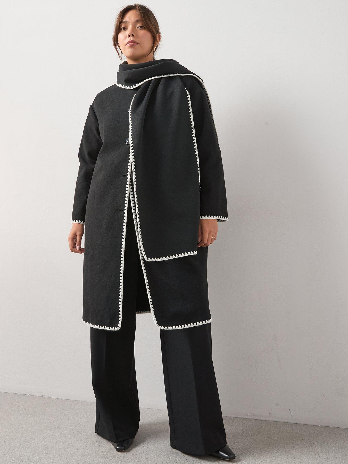 Image 4 of 6 of V by Very Curve Stitch Detail Scarf Coat - Black