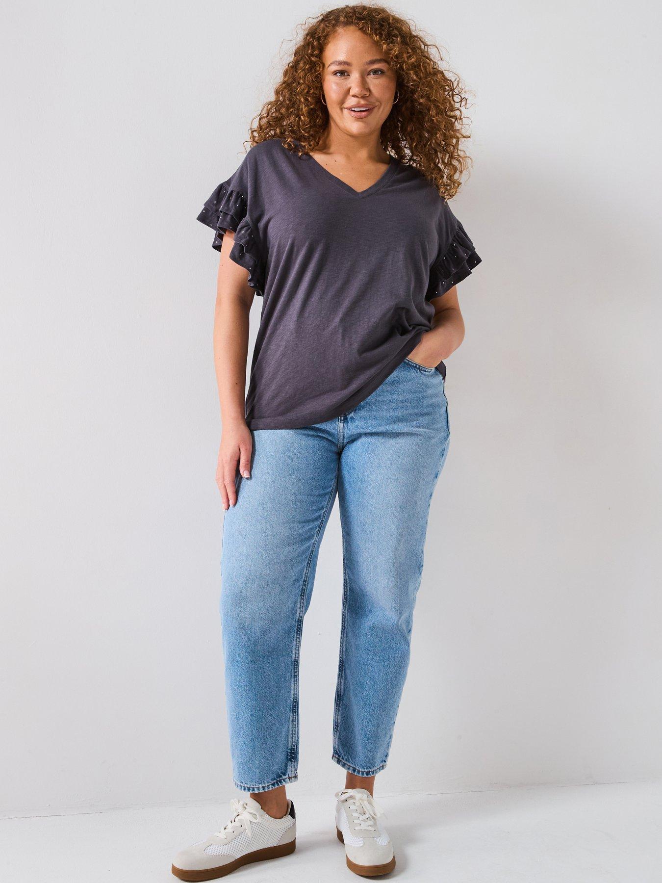 V by Very Curve Frill Stud Detail T-Shirt - Dark Grey