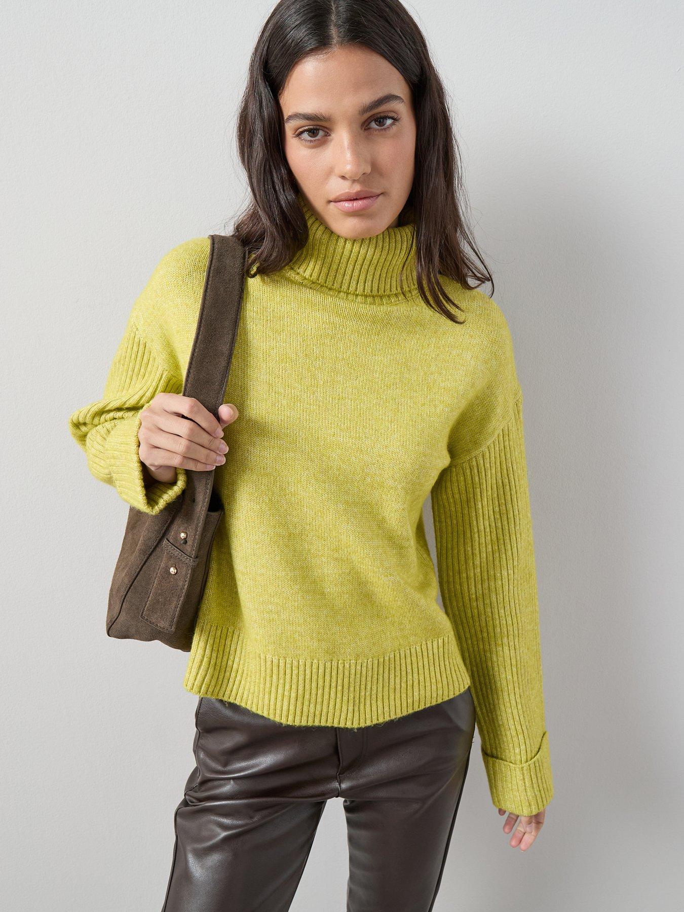 The Very Collection Timeless Yarn Roll Neck Turn Up Cuff Jumper - Chartreuse