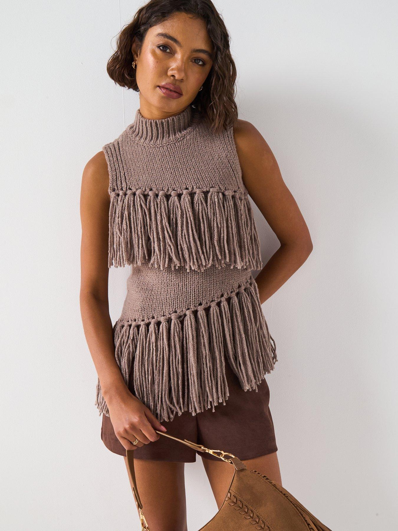 undefined Fringe Detail Sleeveless Knitted Jumper - Brown