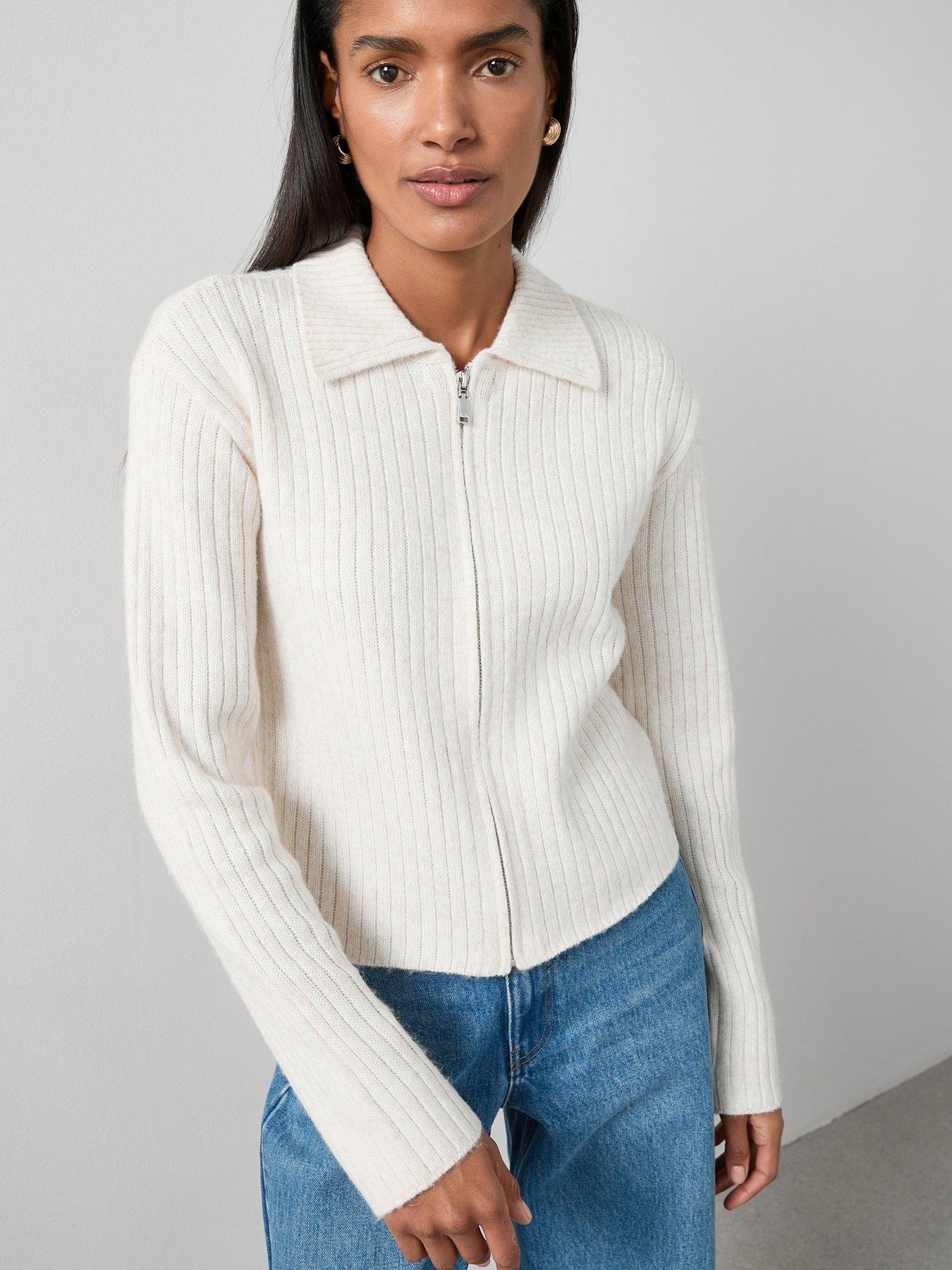 The Very Collection Timeless Yarn Zip Through Ribbed Cardigan - Neutral