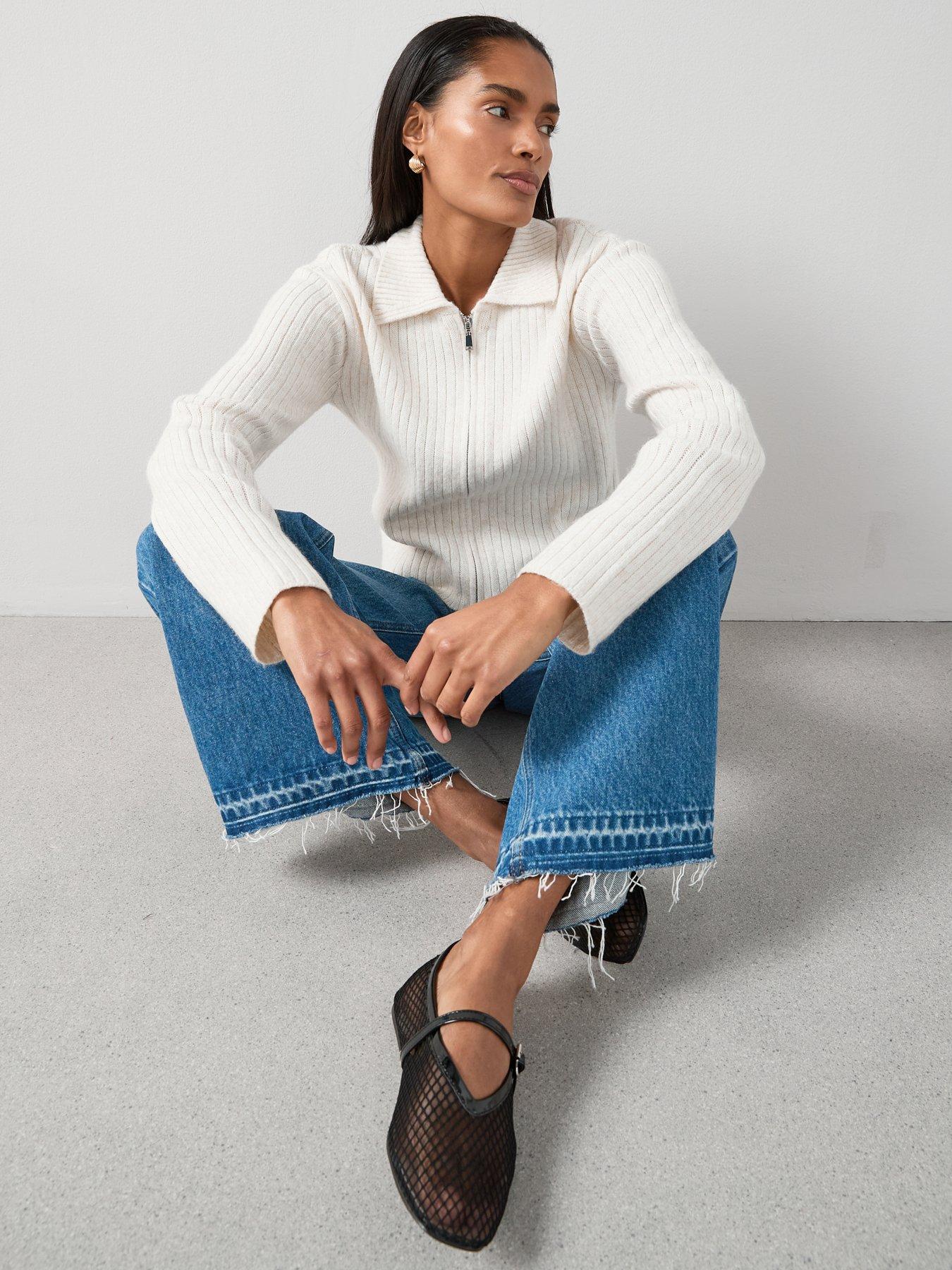 Image 4 of 7 of The Very Collection Timeless Yarn Zip Through Ribbed Cardigan - Neutral