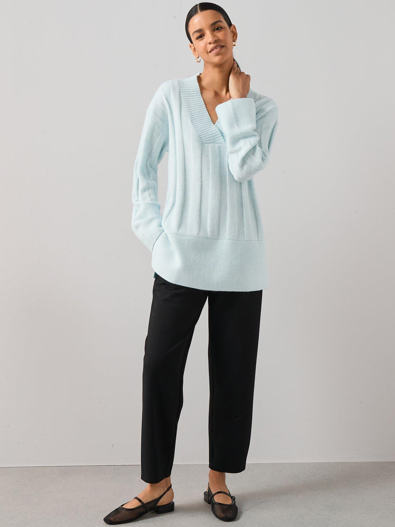 The Very Collection Timeless Yarn Deep Rib Longline V Neck Jumper - Light Blue