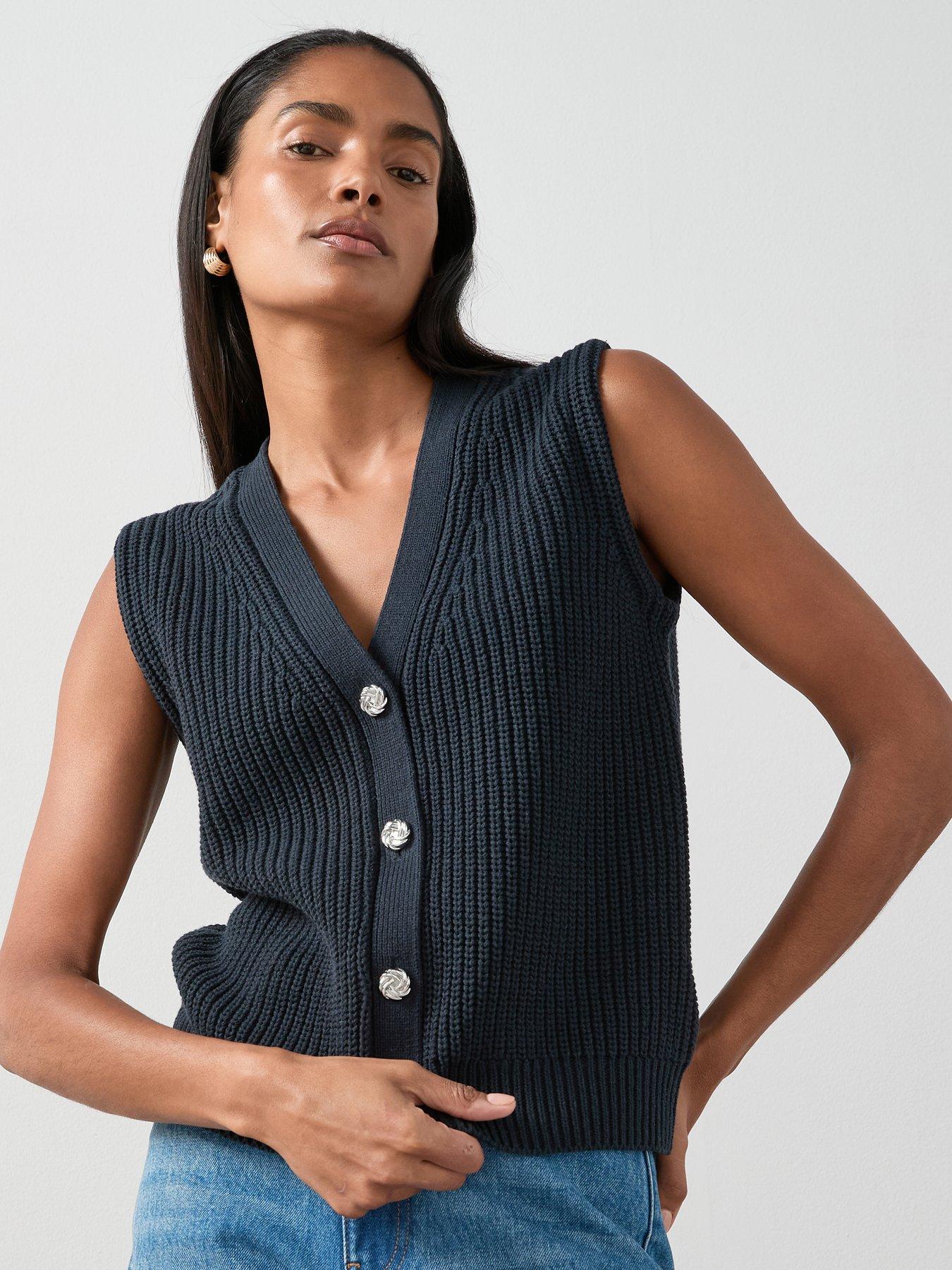 The Very Collection Cotton Rich Neck Knitted Buttoned Tank Top - Blue