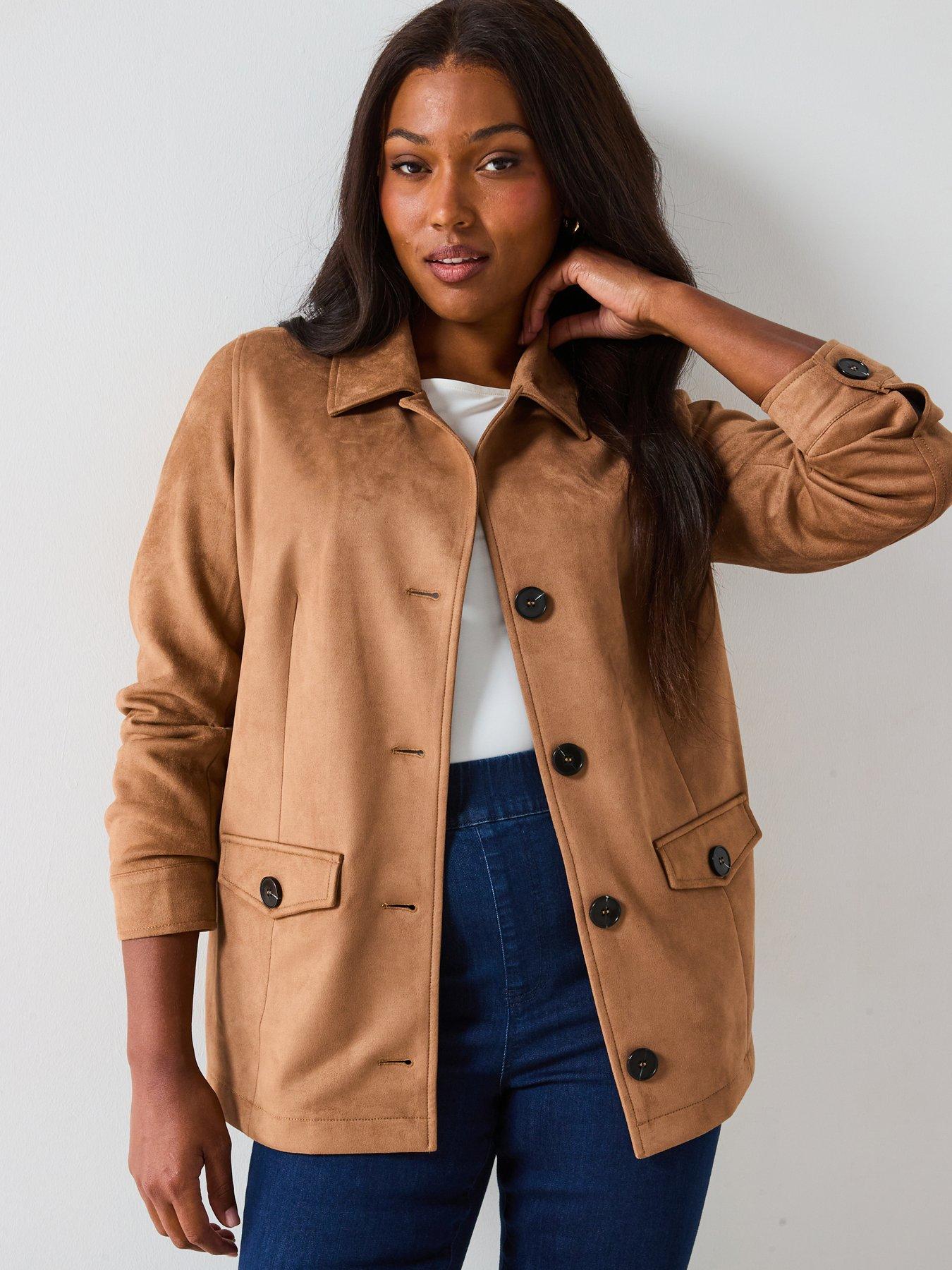 V by Very Curve Faux Suede Longline Jacket - Beige