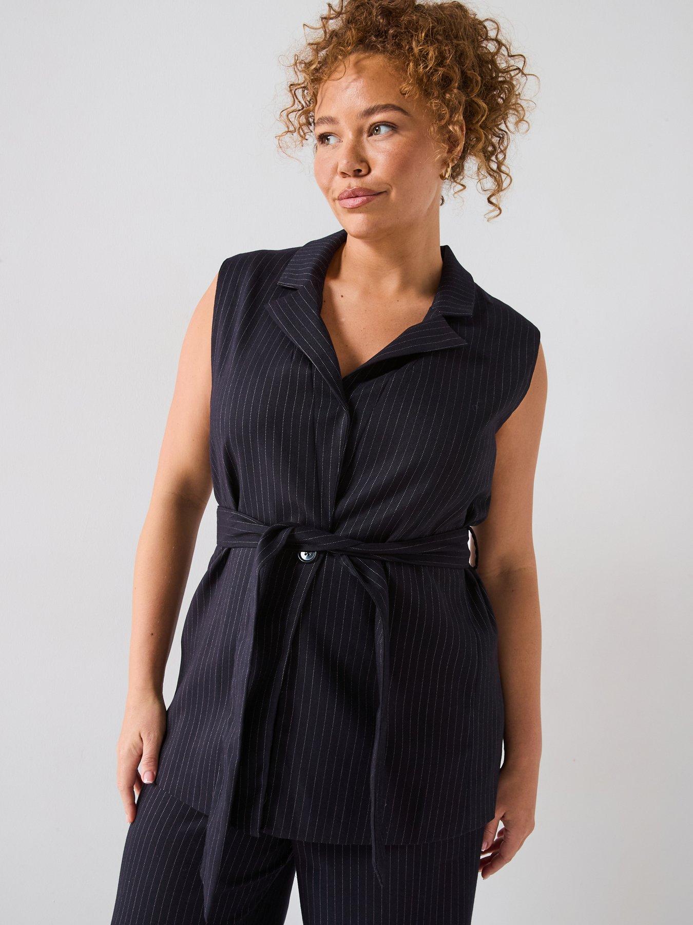 V by Very Curve: Pinstripe Belted Longline Waistcoat - Navy
