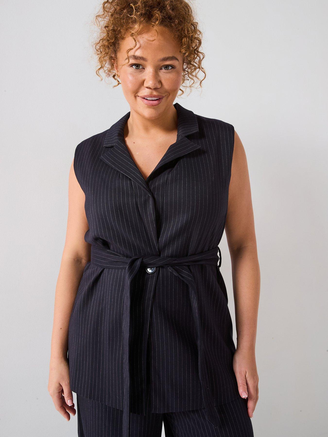 undefined Pinstripe Belted Longline Waistcoat - Navy