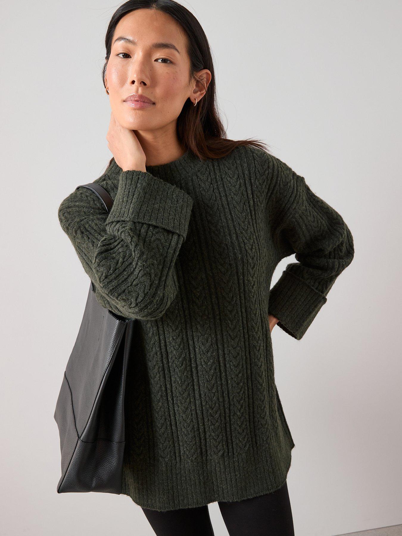 Image 1 of 7 of The Very Collection Timeless Yarn Crew Neck Longline Cable Jumper - Dark Green