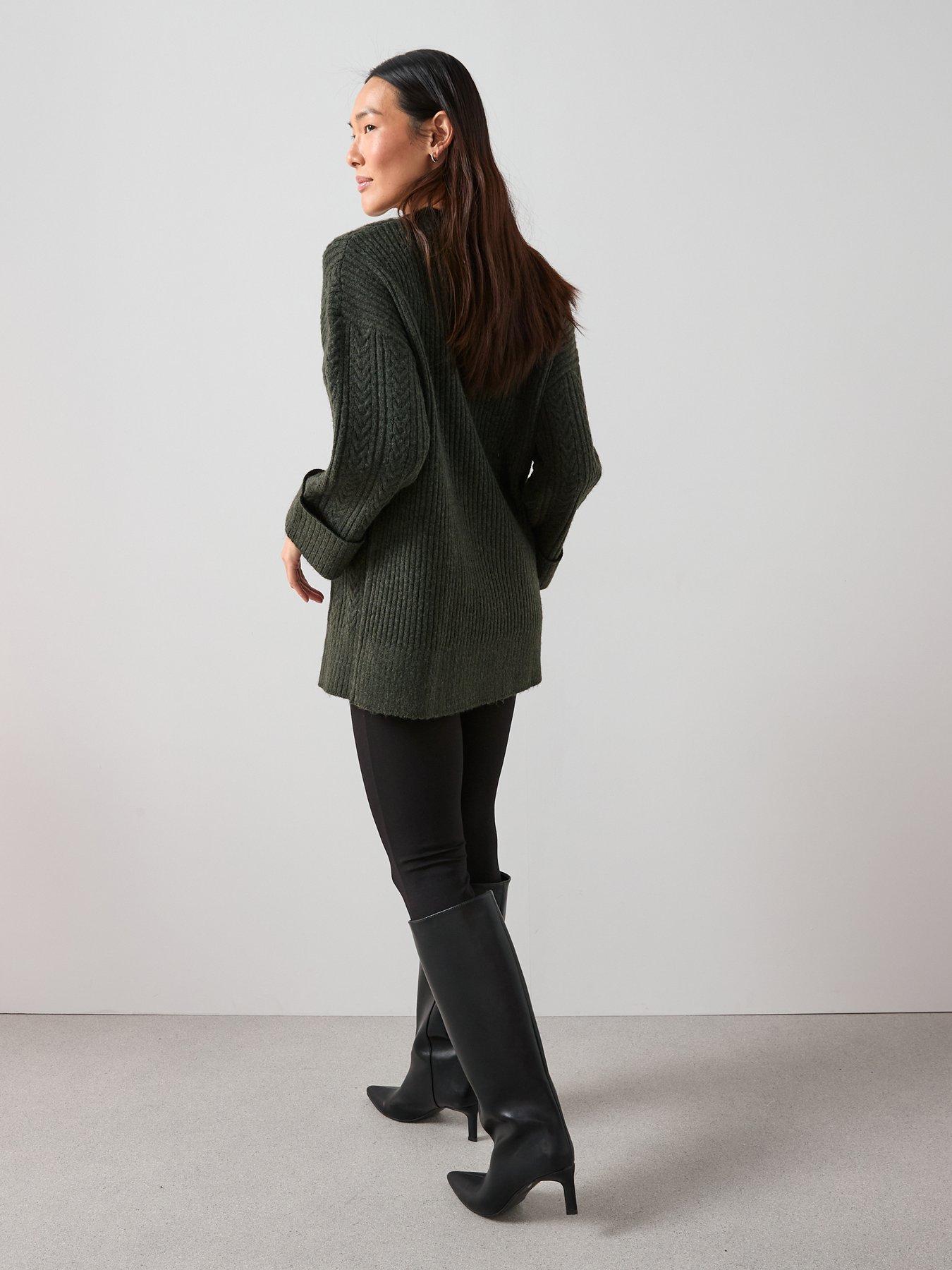 Image 2 of 7 of The Very Collection Timeless Yarn Crew Neck Longline Cable Jumper - Dark Green