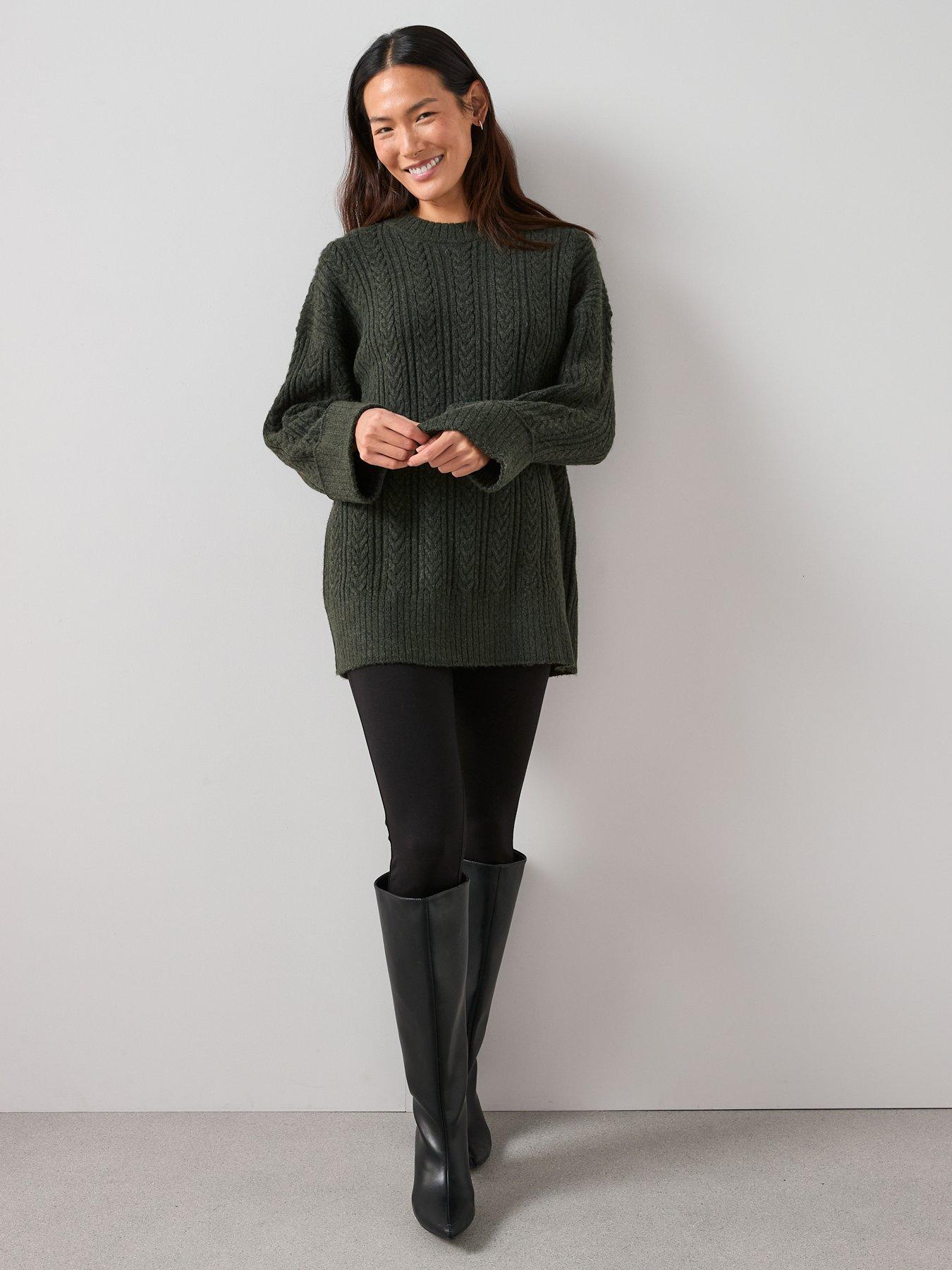 Image 3 of 7 of The Very Collection Timeless Yarn Crew Neck Longline Cable Jumper - Dark Green