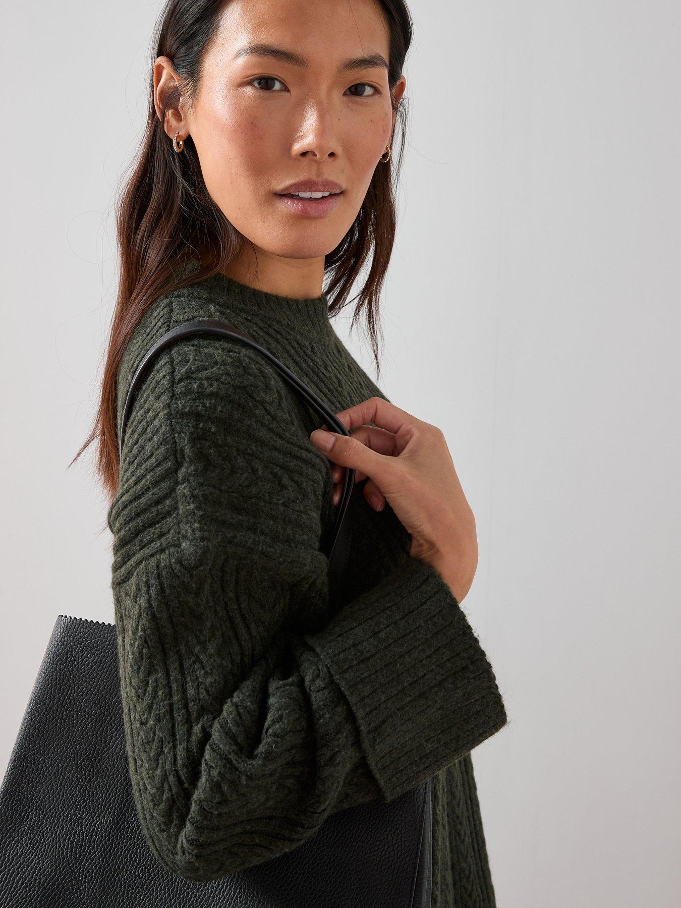 Image 4 of 7 of The Very Collection Timeless Yarn Crew Neck Longline Cable Jumper - Dark Green