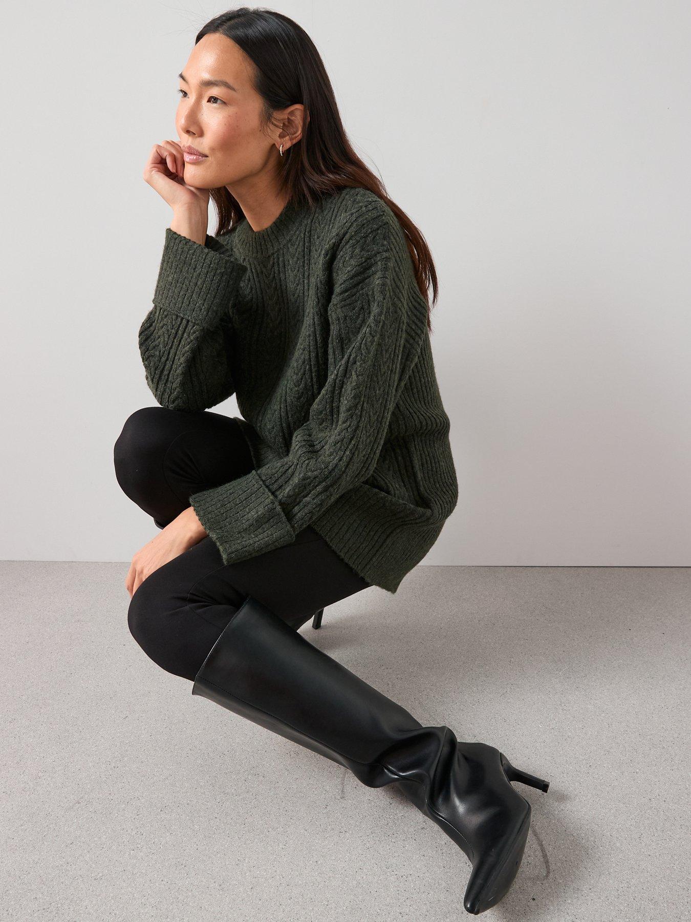 Image 5 of 7 of The Very Collection Timeless Yarn Crew Neck Longline Cable Jumper - Dark Green