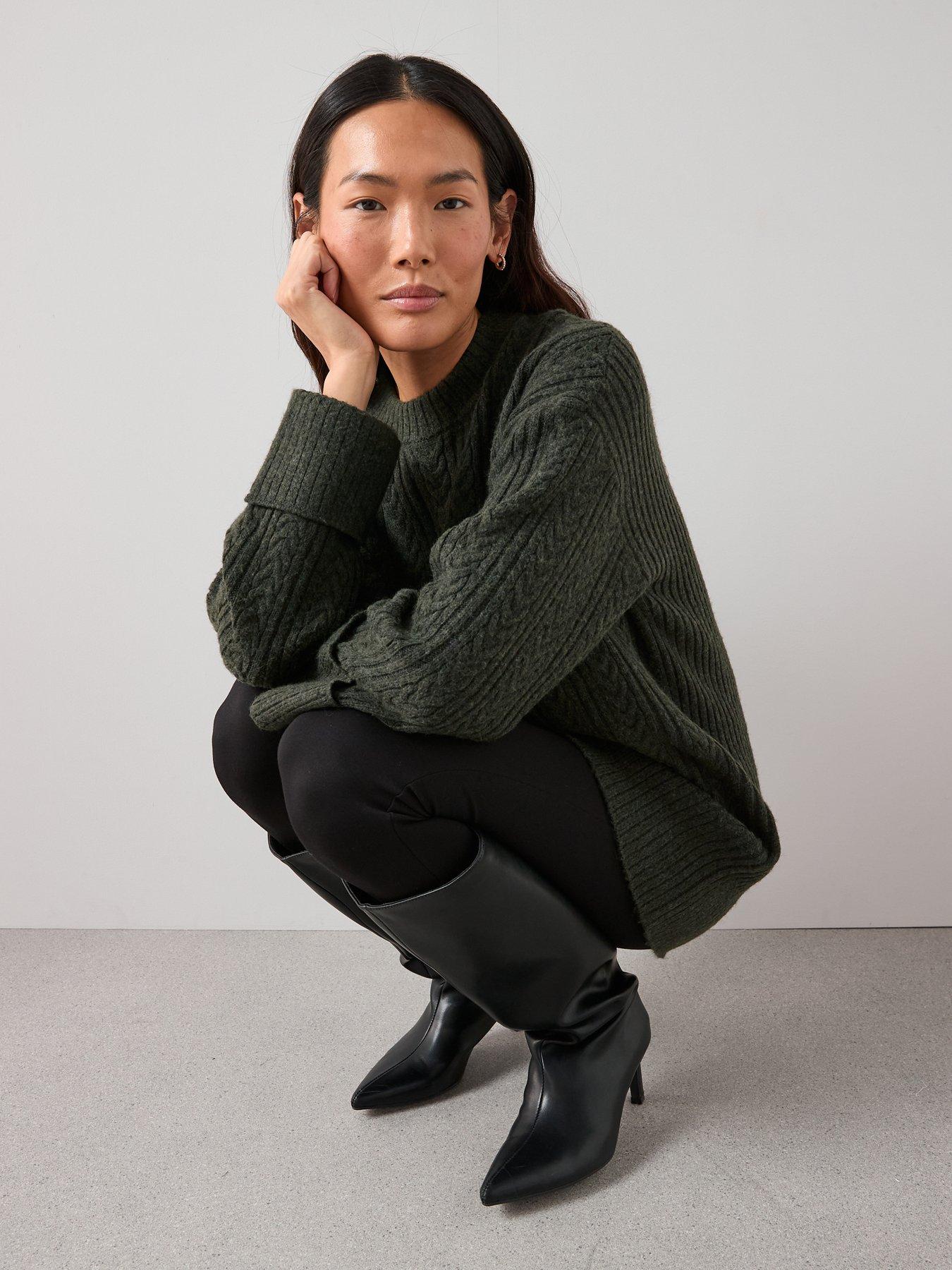 Image 6 of 7 of The Very Collection Timeless Yarn Crew Neck Longline Cable Jumper - Dark Green