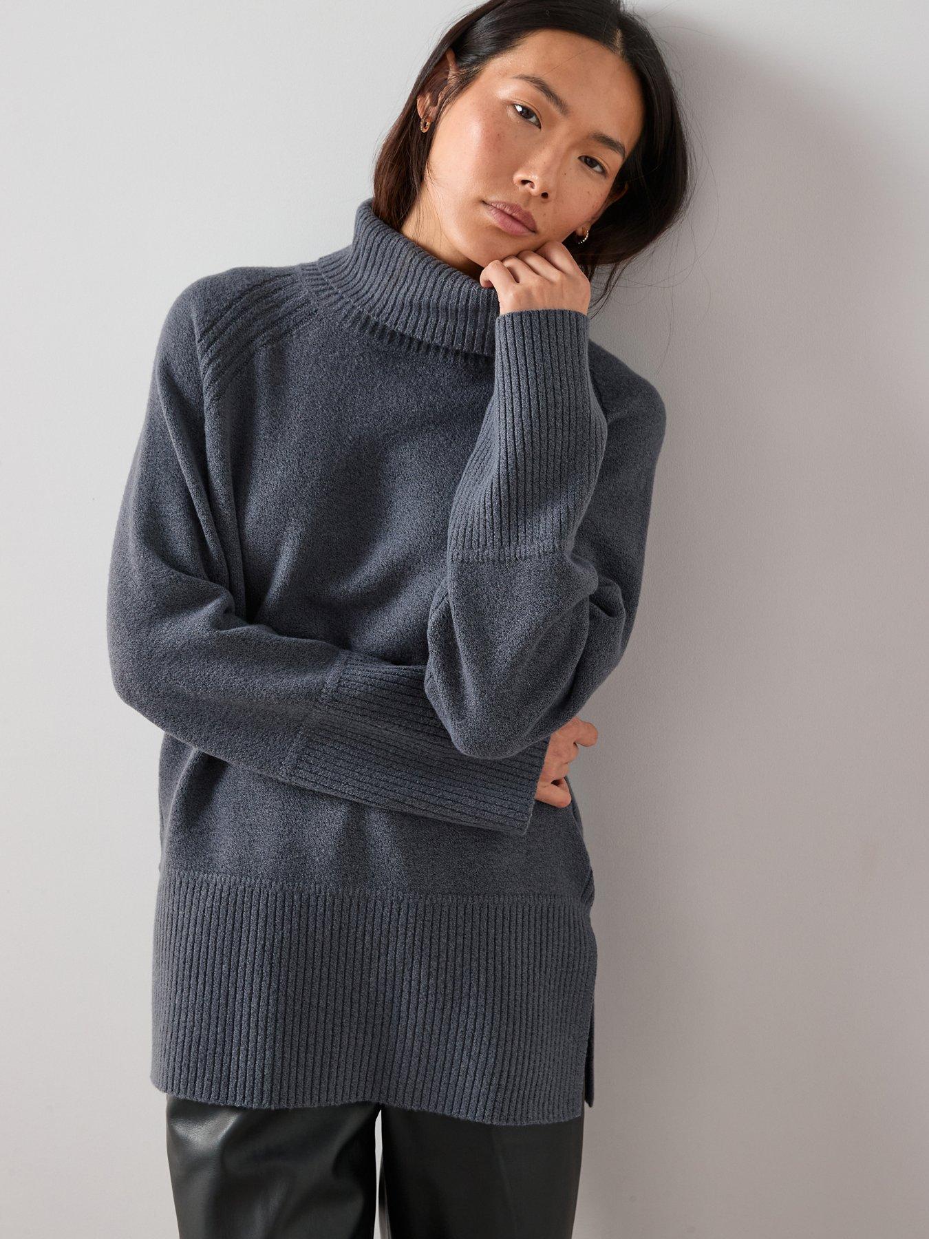 Image 1 of 7 of The Very Collection Cosy Yarn Roll Neck Deep Rib Longline Jumper With Wool - Grey