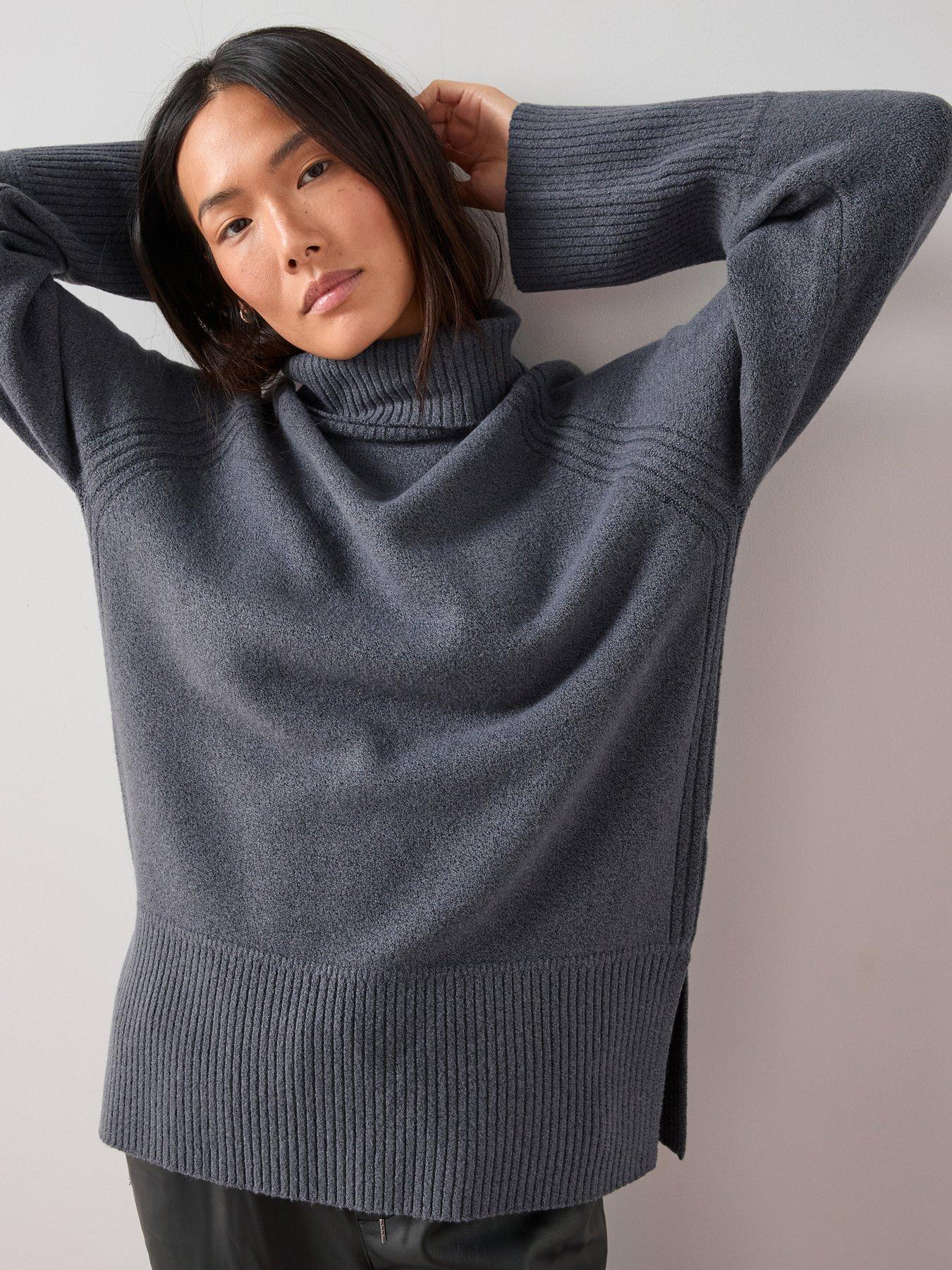 Image 5 of 7 of The Very Collection Cosy Yarn Roll Neck Deep Rib Longline Jumper With Wool - Grey