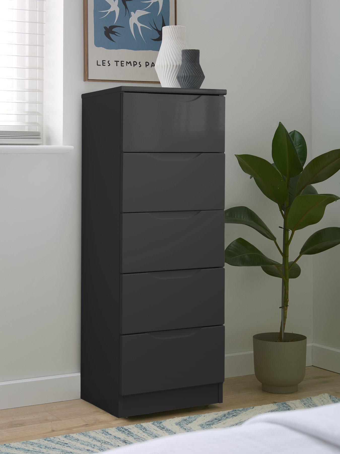 One Call Monaco Ready Assembled 5 Drawer Tall Boy Chest - Dark Grey Gloss |  Very