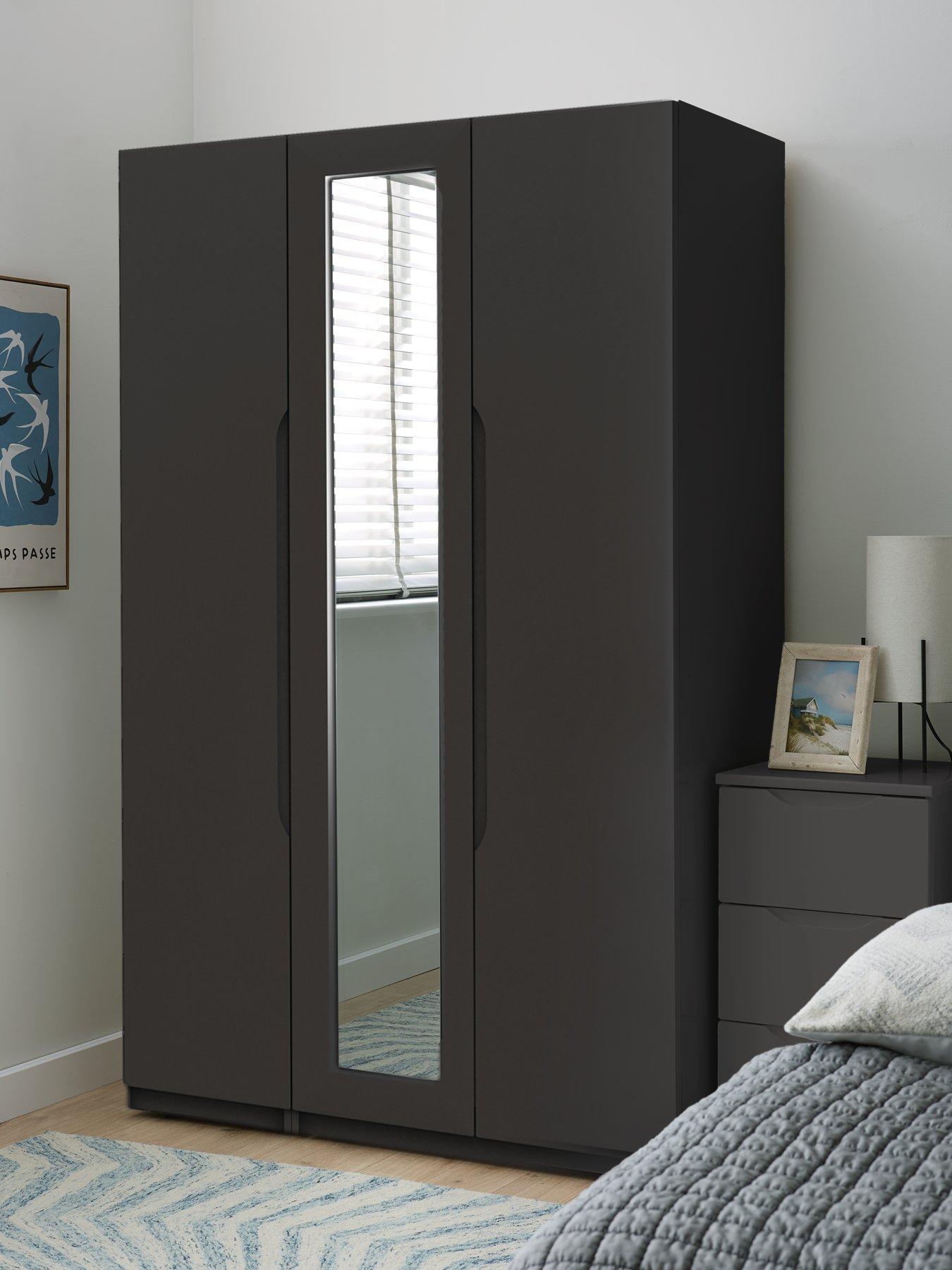 One Call Monaco Ready Assembled 3 Door Wardrobe With Centre Mirror - Dark Grey Gloss