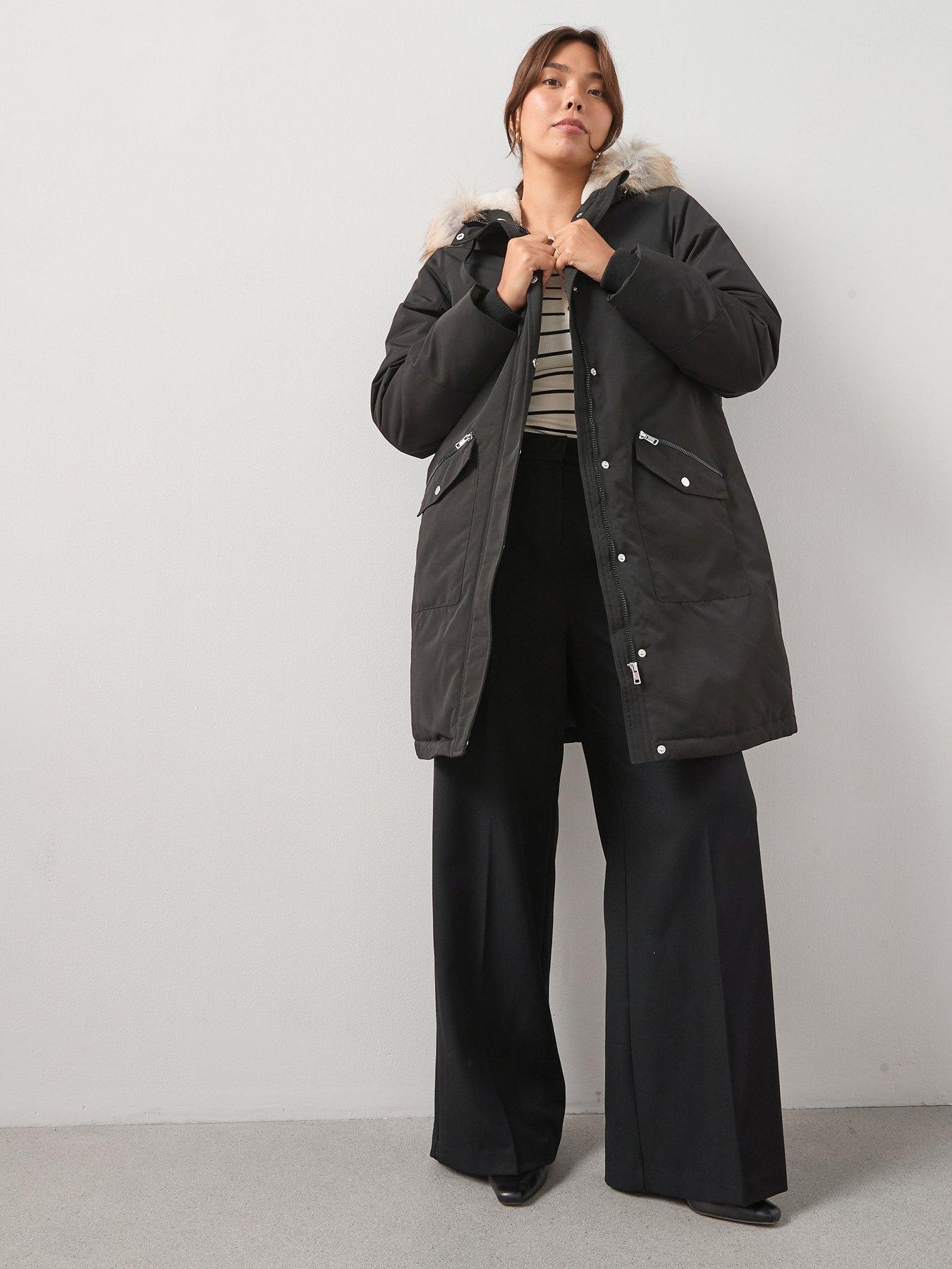 V by Very Curve Faux Fur Trim Parka Coat - Black