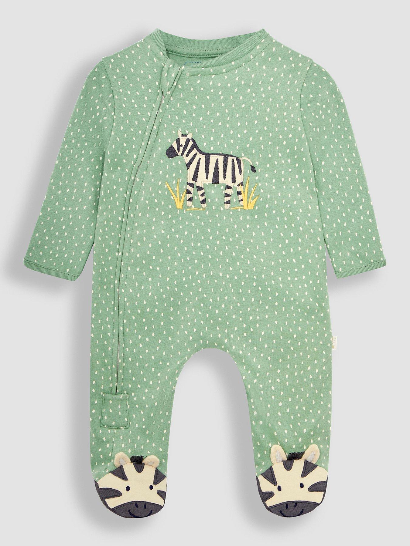 Image of JoJo Maman Bebe Baby Unisex Zebra Applique Zip Sleepsuit - Green