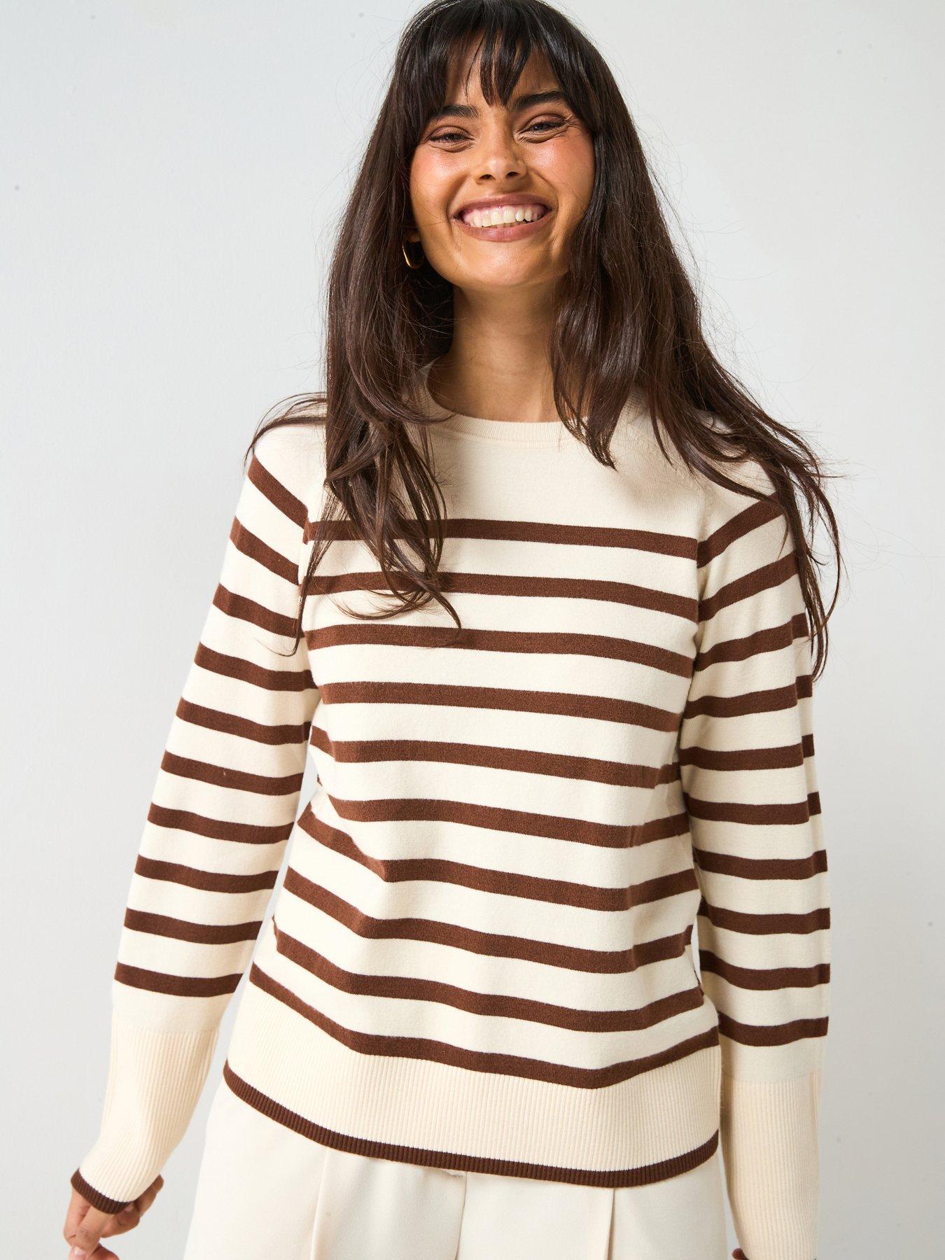 undefined Classic Comfort Relaxed Crew Neck Stripe Jumper - Beige