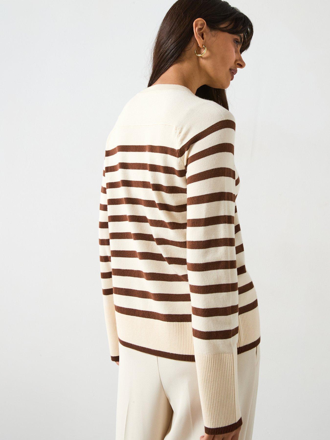 Image 2 of 6 of V by Very Classic Comfort Relaxed Crew Neck Stripe Jumper - Beige