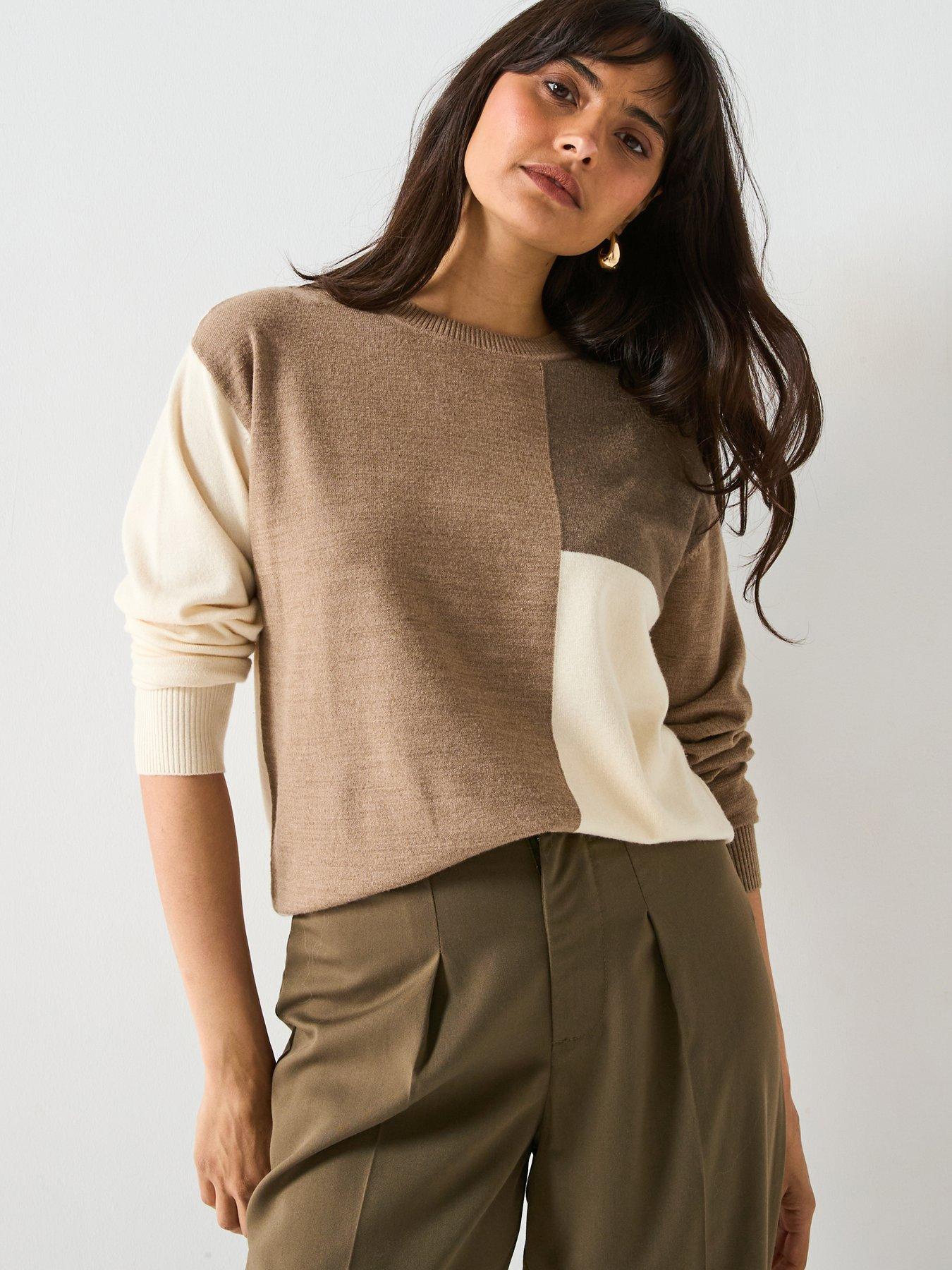 undefined Classic Comfort Crew Neck Colour Block Jumper - Neutral - Beige