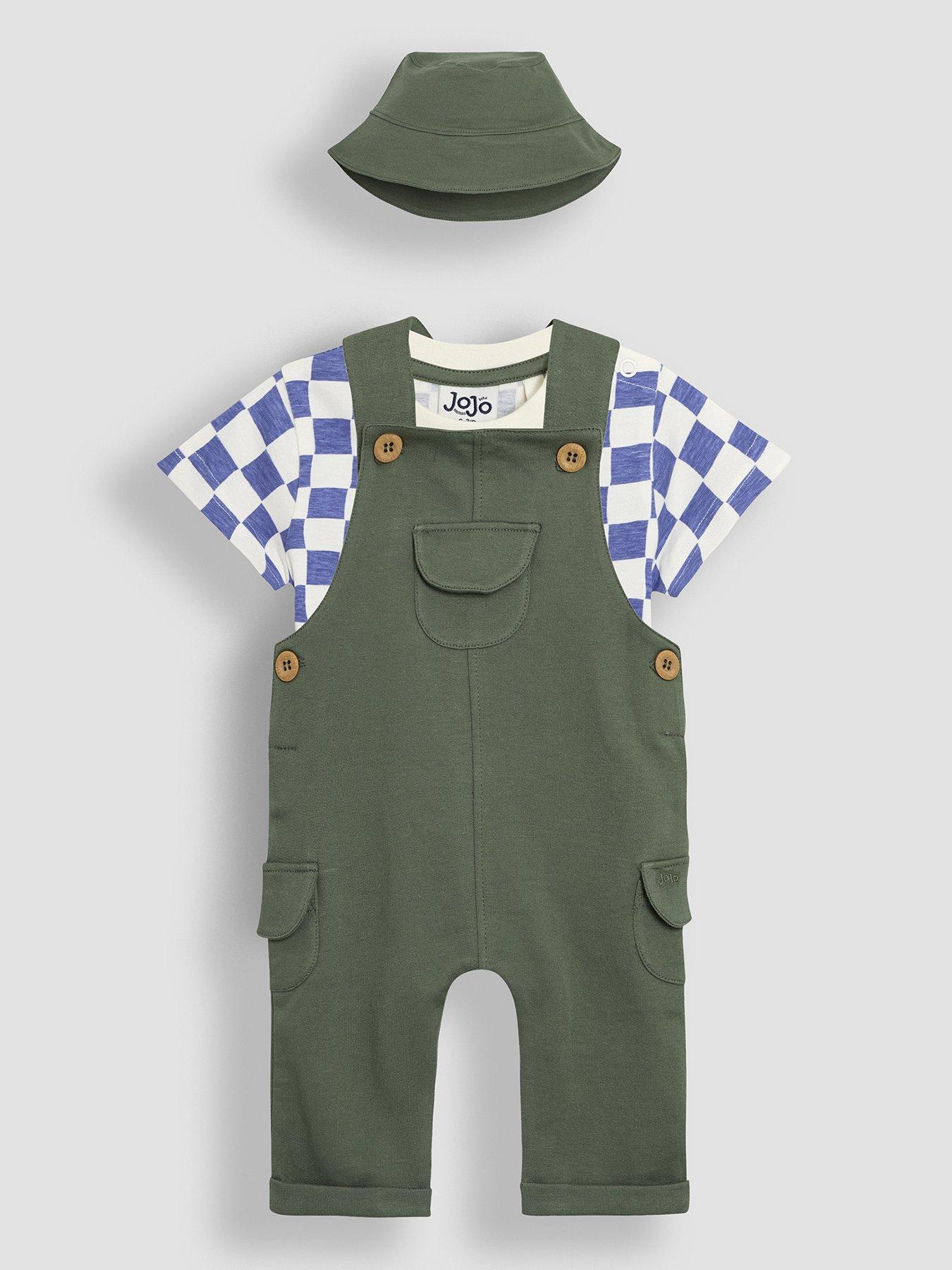 undefined Baby Boys 3-piece Cargo Dungarees & T-shirt Set With Hat - Khaki