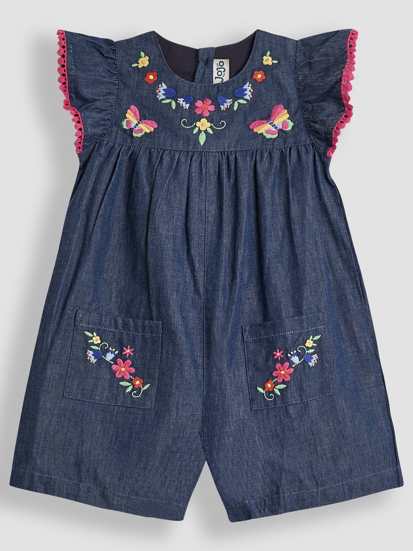 undefined Girls Floral Embroidered Frill Sleeve Playsuit - Navy