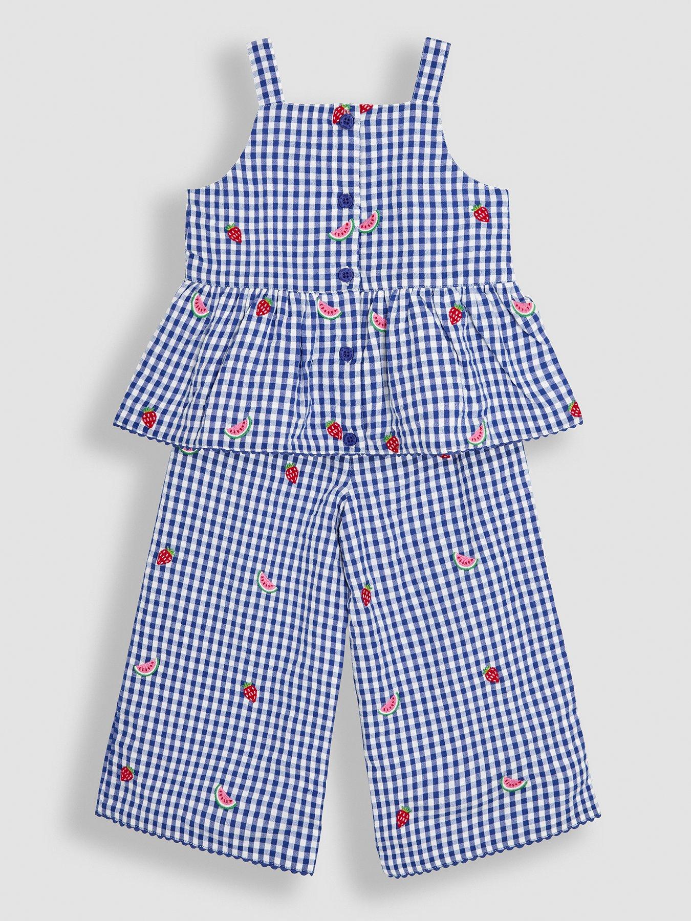 undefined Girls Strawberry Embroidered Blouse & Trousers Set - Blue