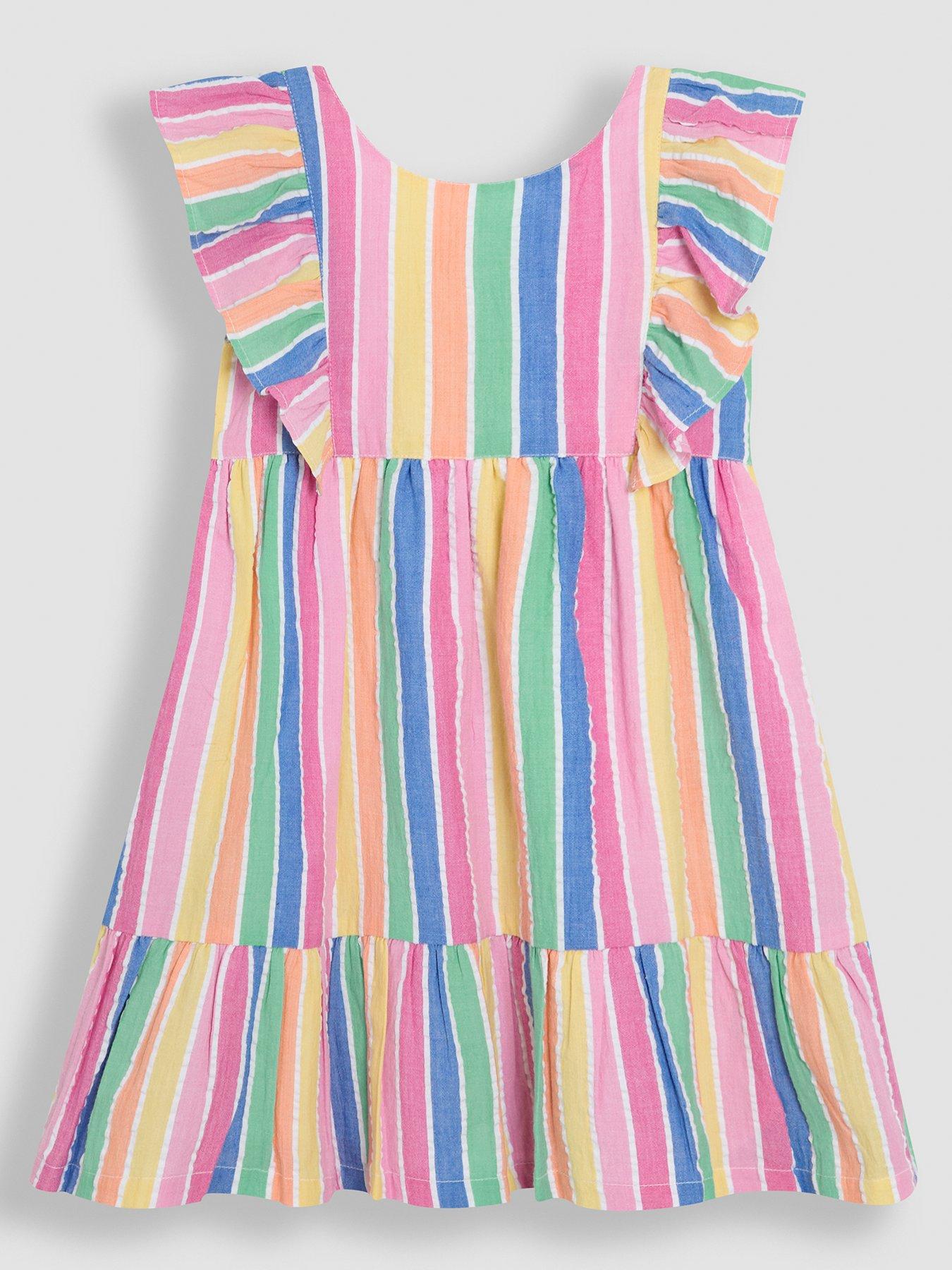 undefined Girls Stripe Ruffle Shoulder Dress - Pink