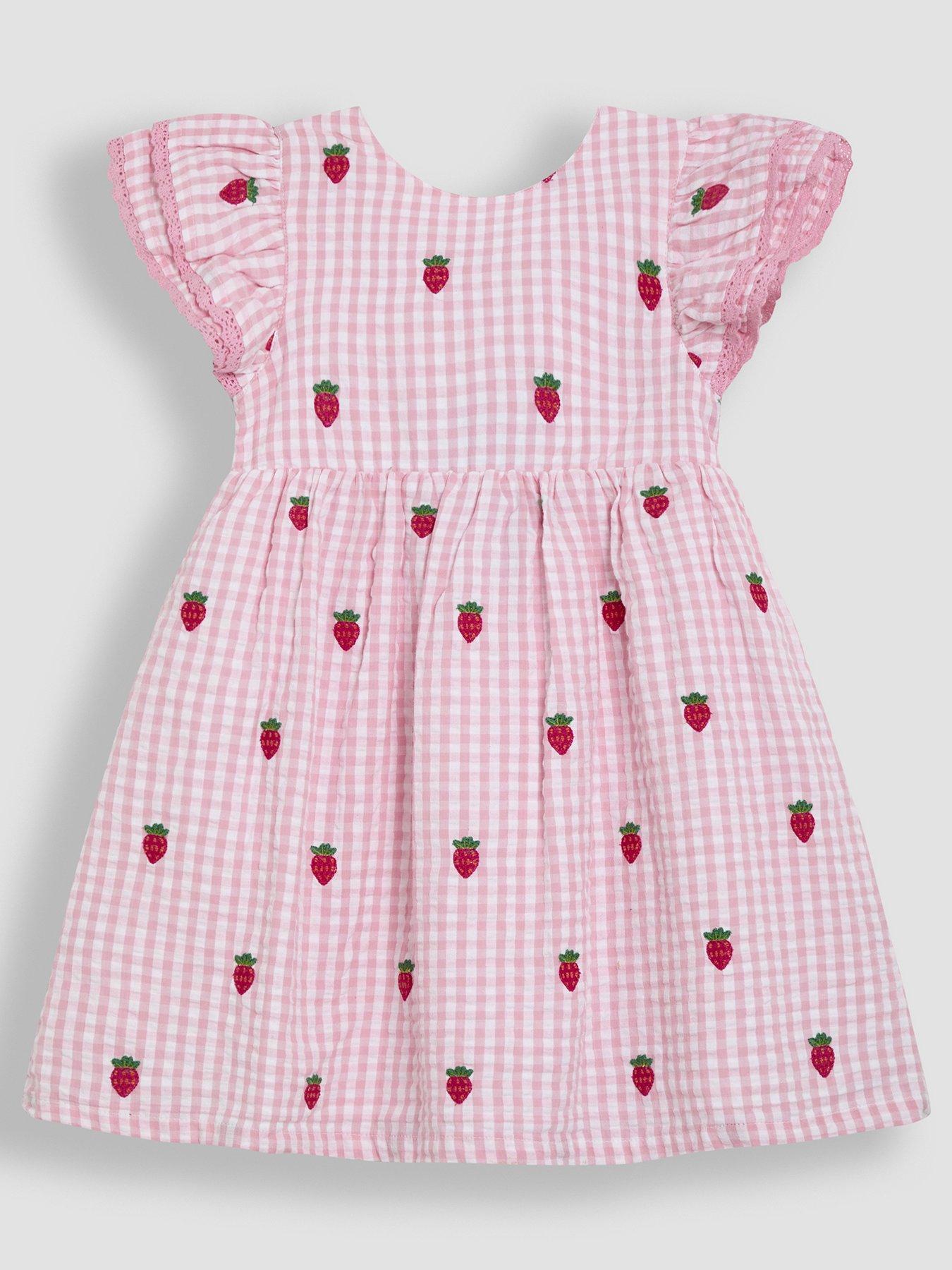 undefined Girls Strawberry Embroidered Ruffle Shoulder Dress - Pink