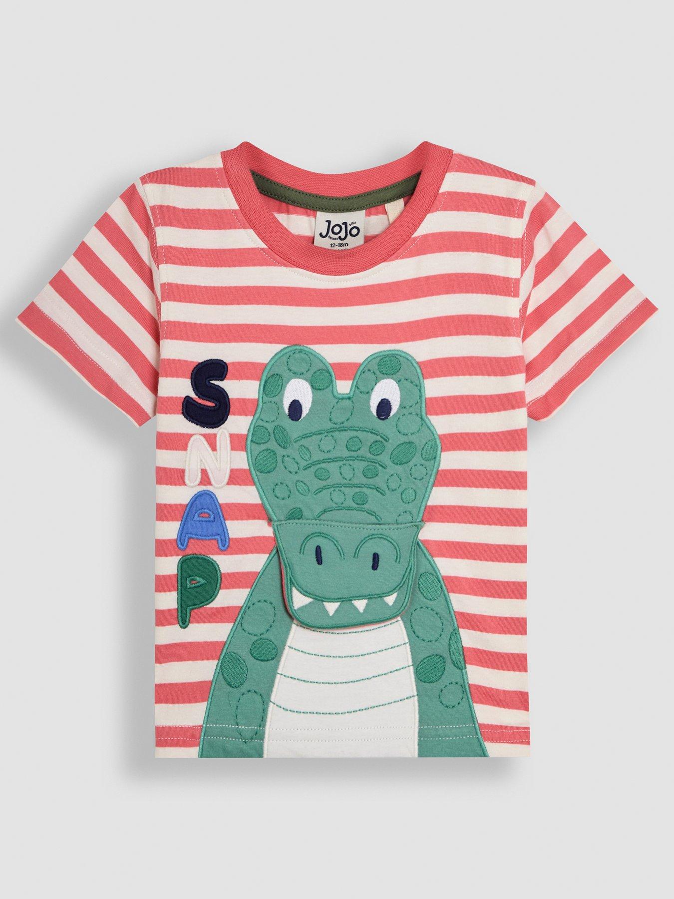 JoJo Maman Bebe Boys Crocodile Interactive Applique Stripe T-Shirt - Pink