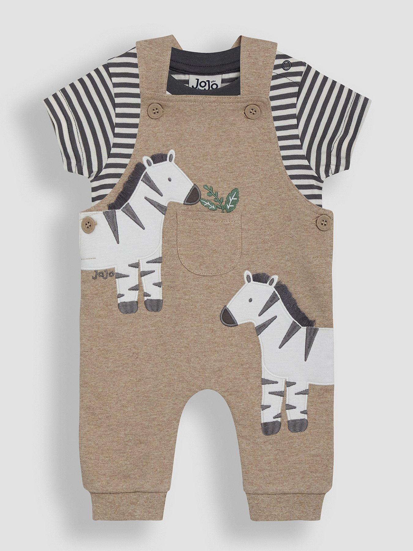 Image of JoJo Maman Bebe Baby Boys 2-piece Zebra Applique Dungarees & Rib T-shirt Set - Beige